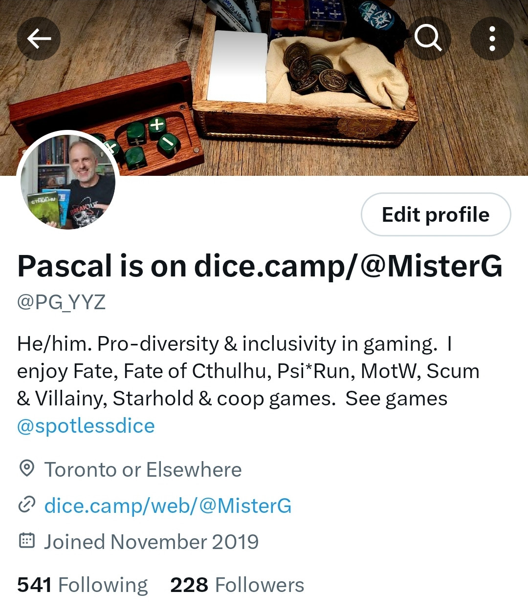 Pascal is on dice.camp/@MisterG

Bio
He/him. Pro-diversity & inclusivity in gaming. 
I enjoy Fate, Fate of Cthulhu, Psi*Run, MotW, Scum & Villainy, Starhold & coop games.

See games @spotlessdice