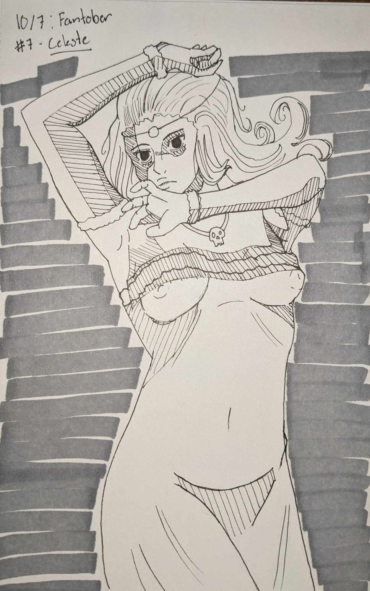 Drawing of Celeste from the game Fear and Hunger. One arm is above her head. The other is positioned across her body. There is a gray background