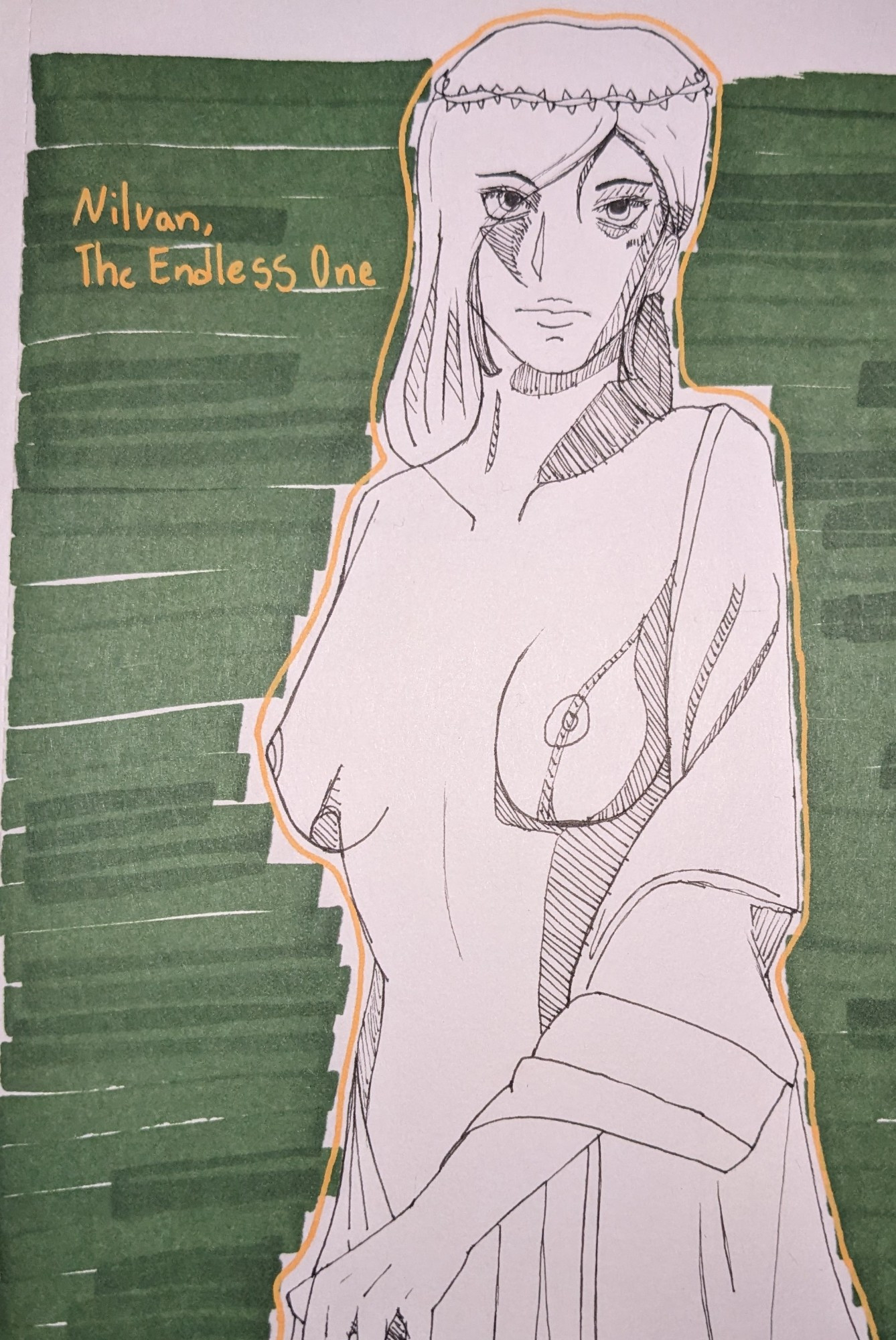 Waist up drawing of Nilvan, from the game Fear and Hunger. She has a cloth over her shoulder that exposes her breasts. There is a green background