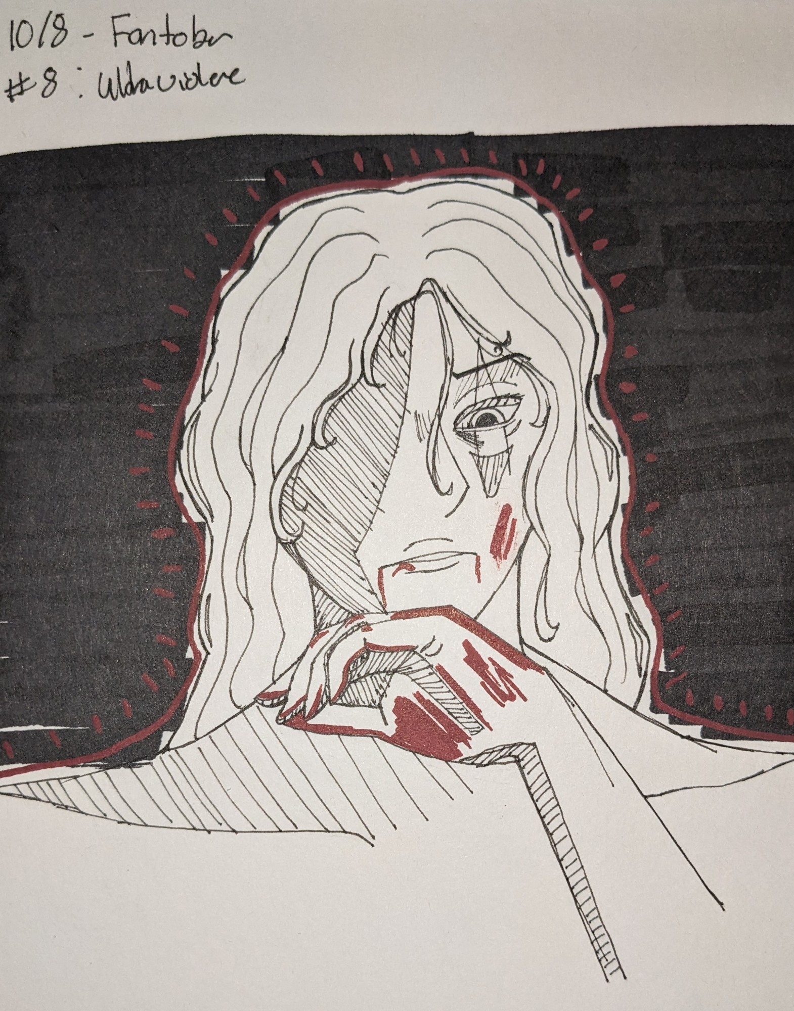 A bust drawing of Ragnvaldr from the game Fear and Hunger. He's using the back of his hand to wipe his face, both of which have blood on them. There is a black background