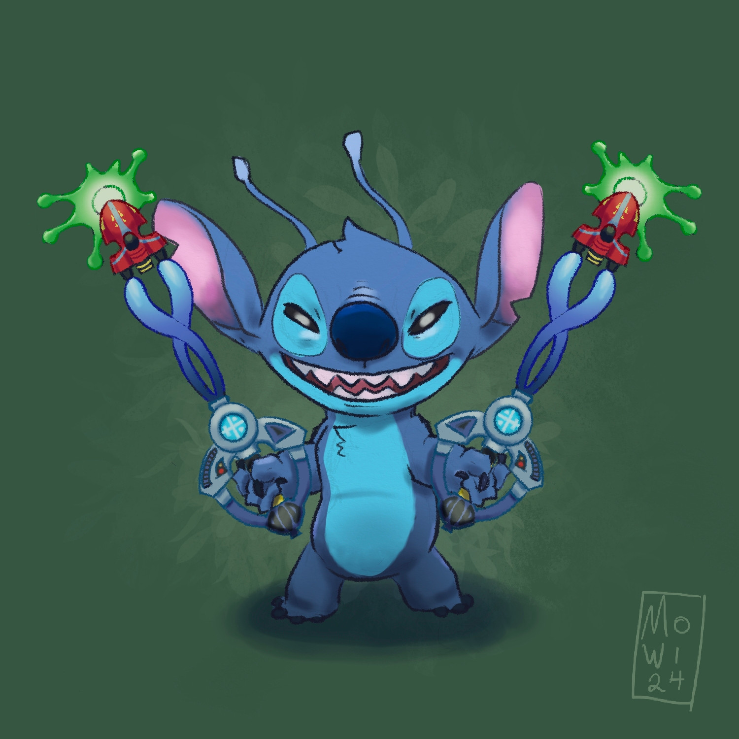 A drawing of stitch holding two keyblades from the game kingdom hearts