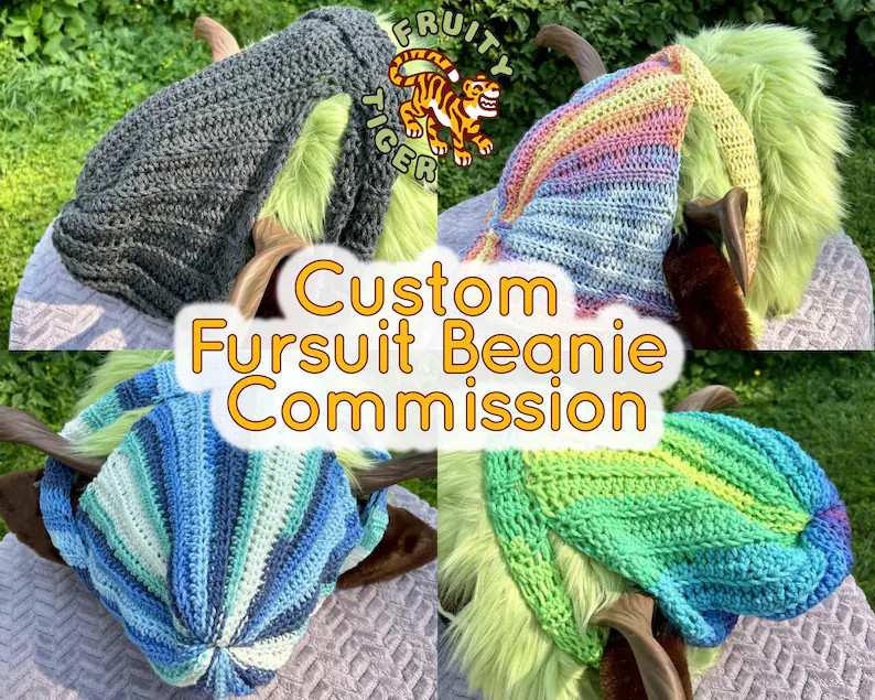 A collage image of four different fursuit beanies from different angles. In the center is text that says custom fursuit beanies commission as fruitytigerart makes fursuit beanies custom to your fursuit head.