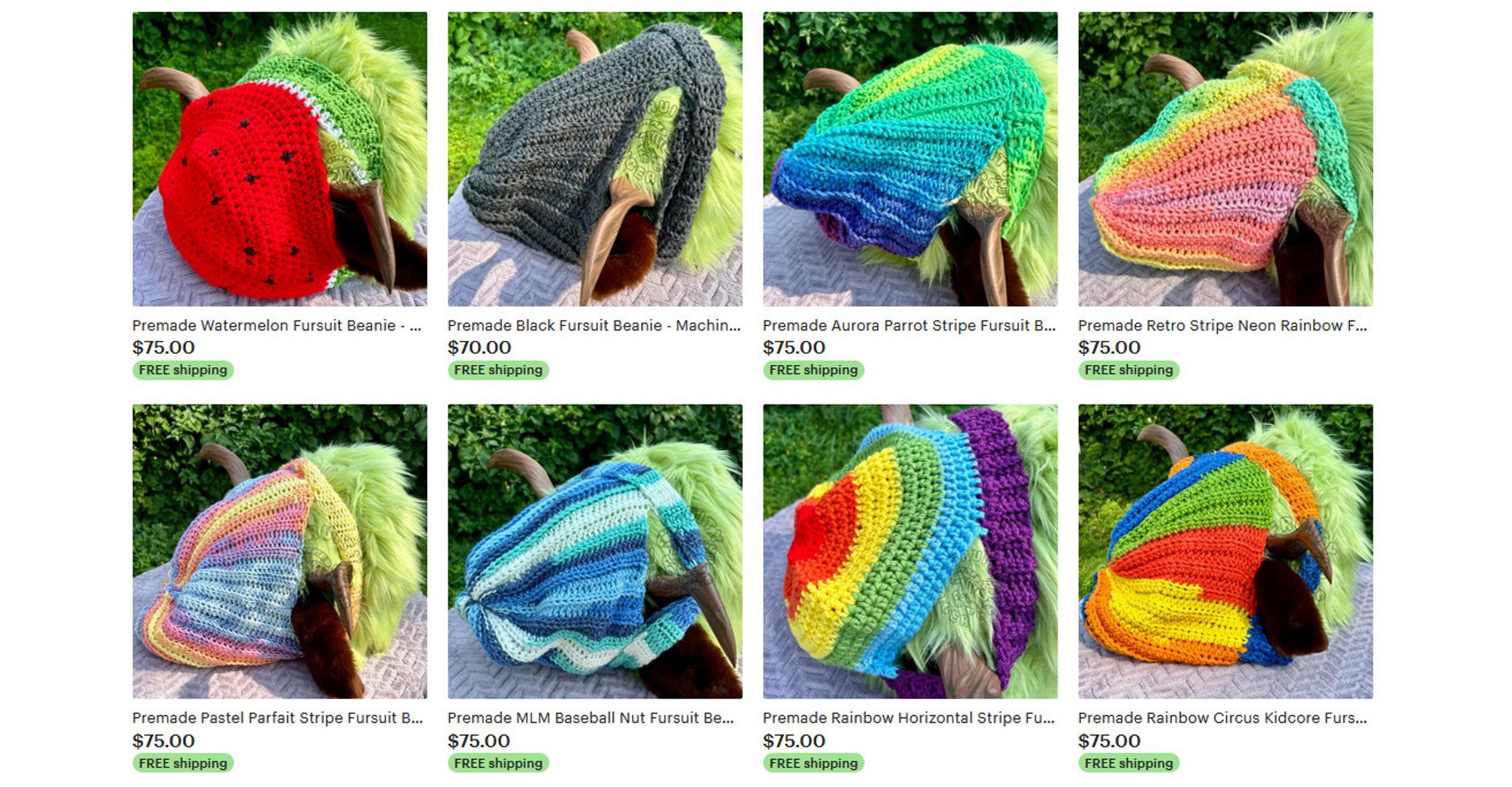 eight fursuit beanie listings on etsy of various styles, including rainbow, pastel, blue, black, and watermellon