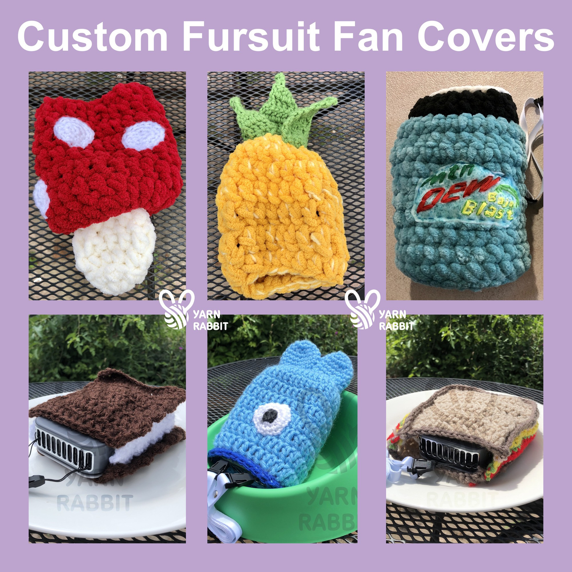 Fursuit fan over collage of crochet covers with various holey covers that cover the ugly fan up with a fun treat.