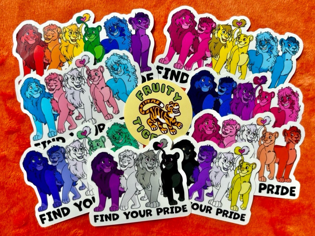 Furry pride stickers featuring lions- because a group of lions is called a pride. The sticker’s lion colors correspond to different pride flags. Included flags are rainbow, trans, pan, bi, gay blue, lesbian, ace, and nonbinary. Additional flags are also available on a separate listing.