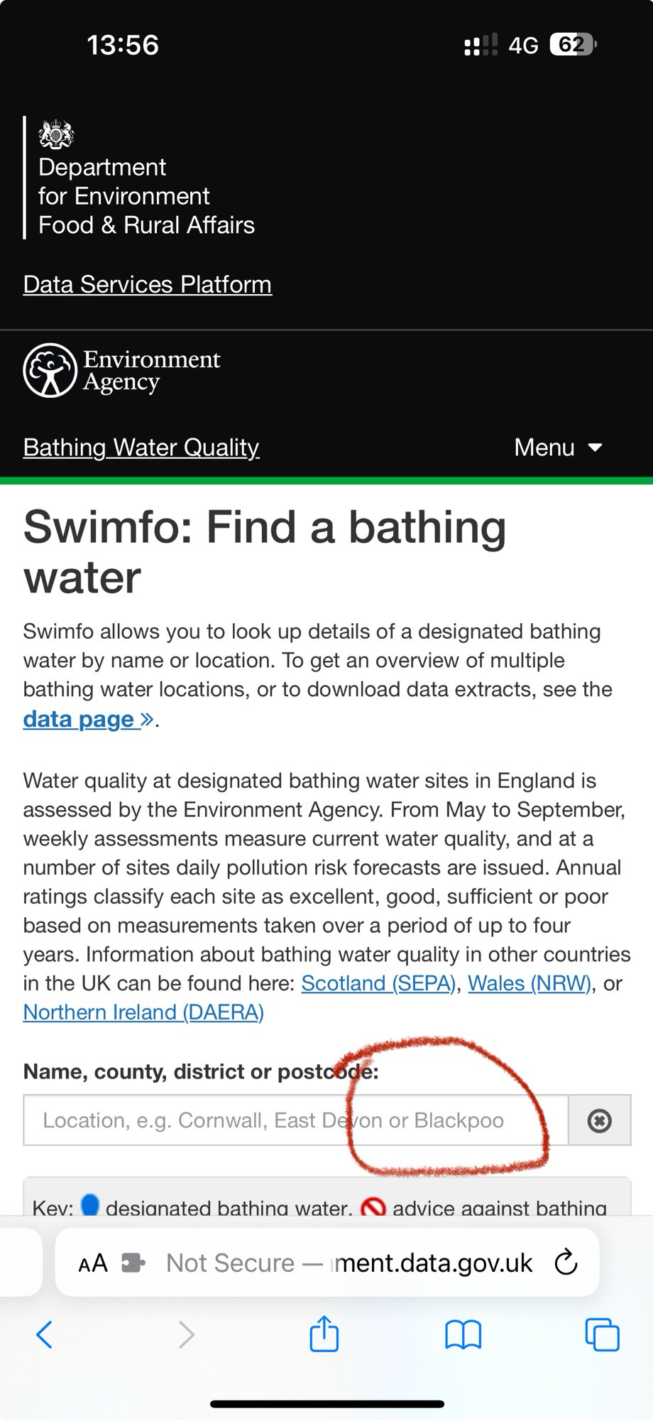 A screenshot of the UK government swimming water advice website including a location finder that includes the name of a northern English seaside city without its last letter.