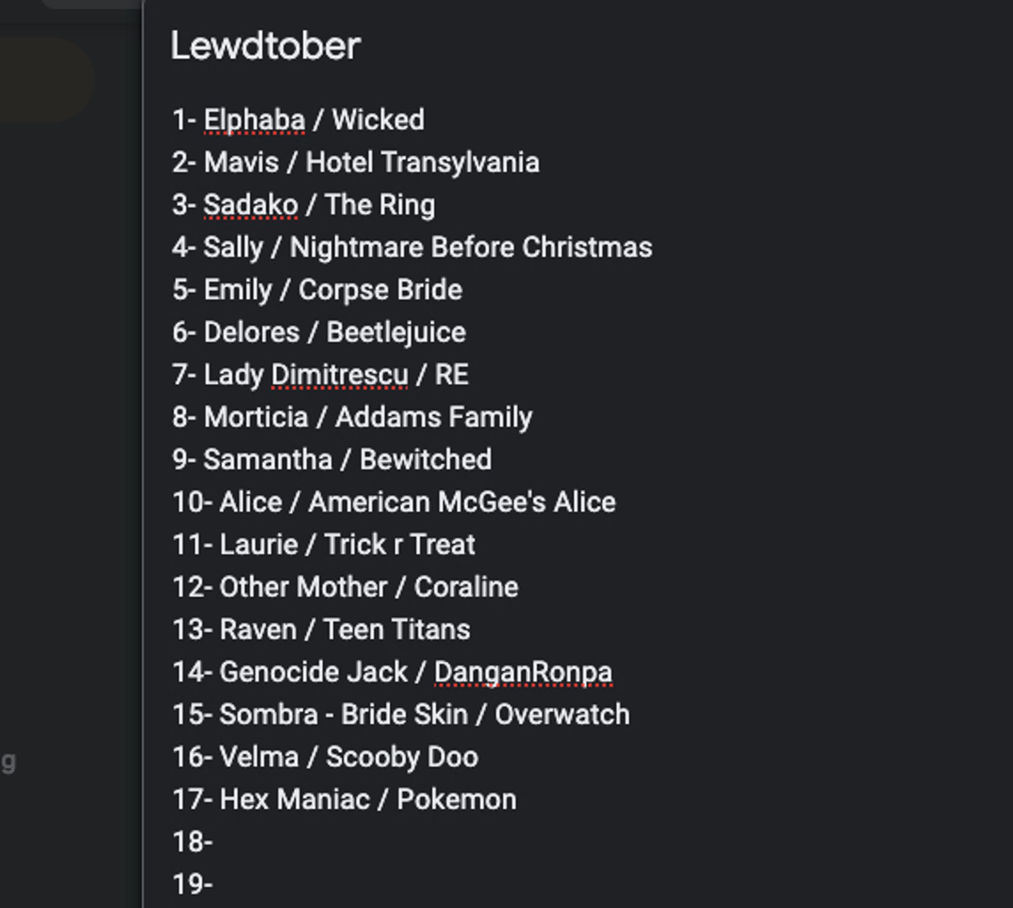 List of characters for Lewdtober #notart