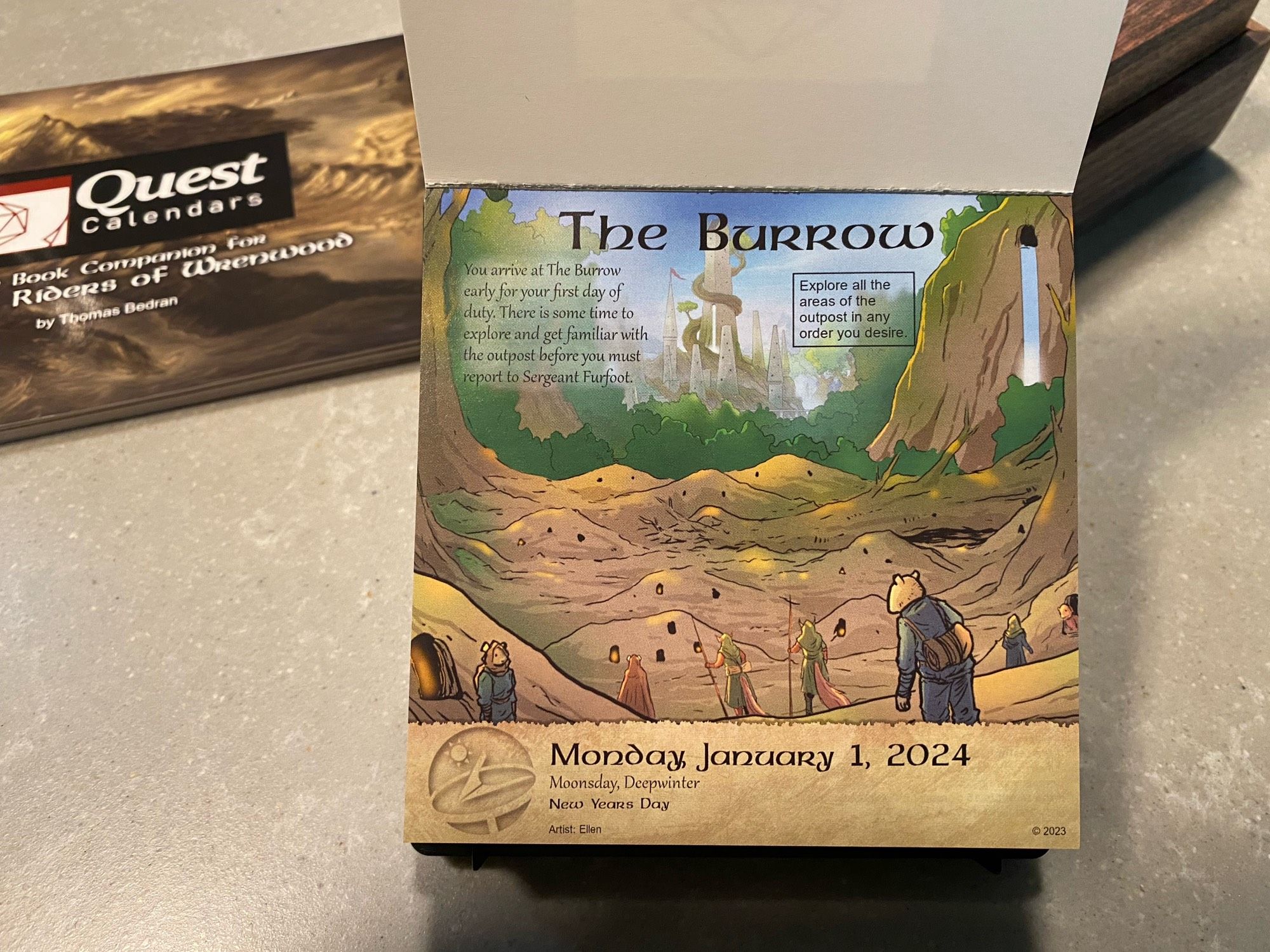 A daily calendar showing Jan 1 2024. It says “The Burrow: explore all the areas of the outpost in any order you desire.”