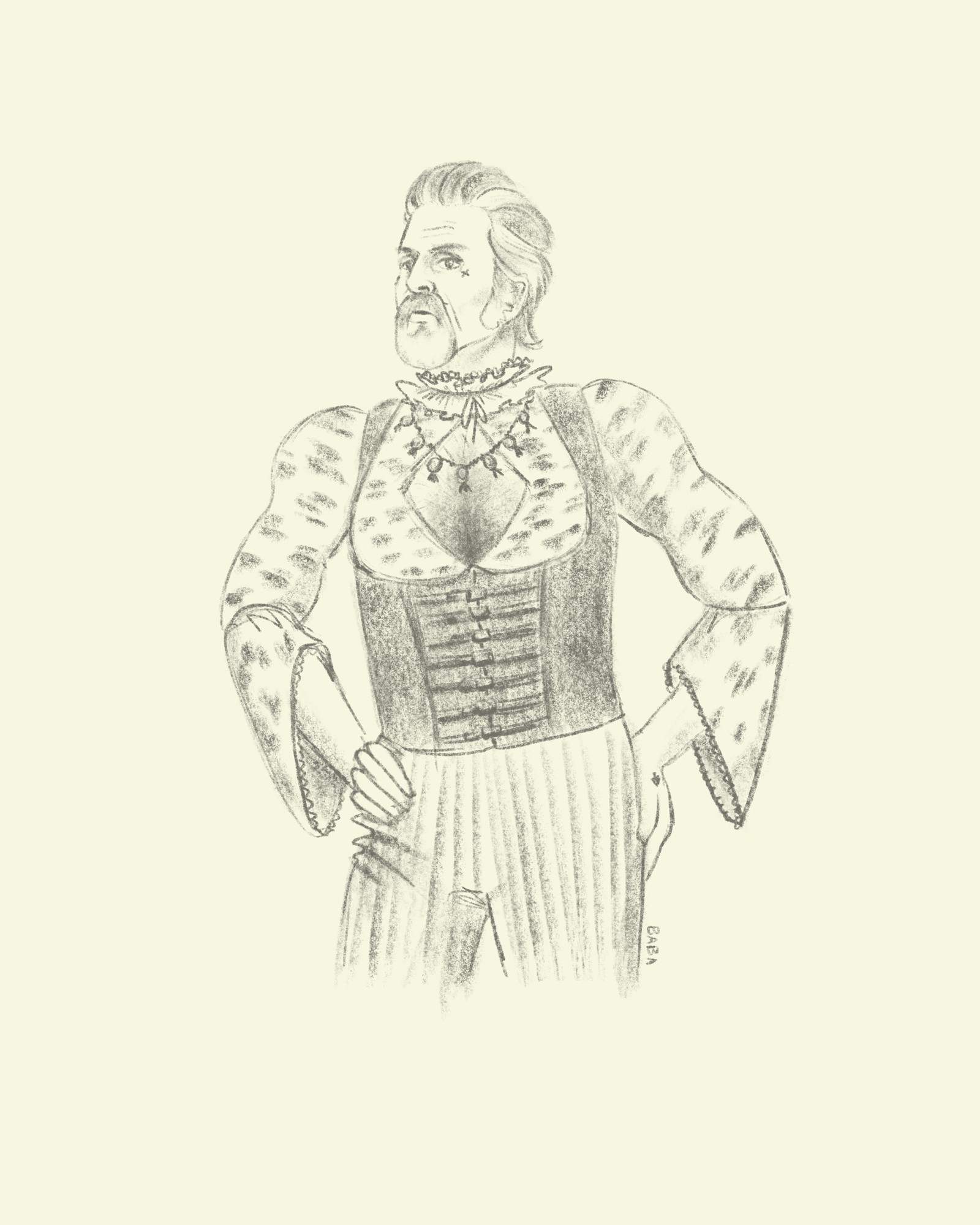 A pencil sketch of Izzy Hands in a low cut top and underbust corset. His hairy chest is on display