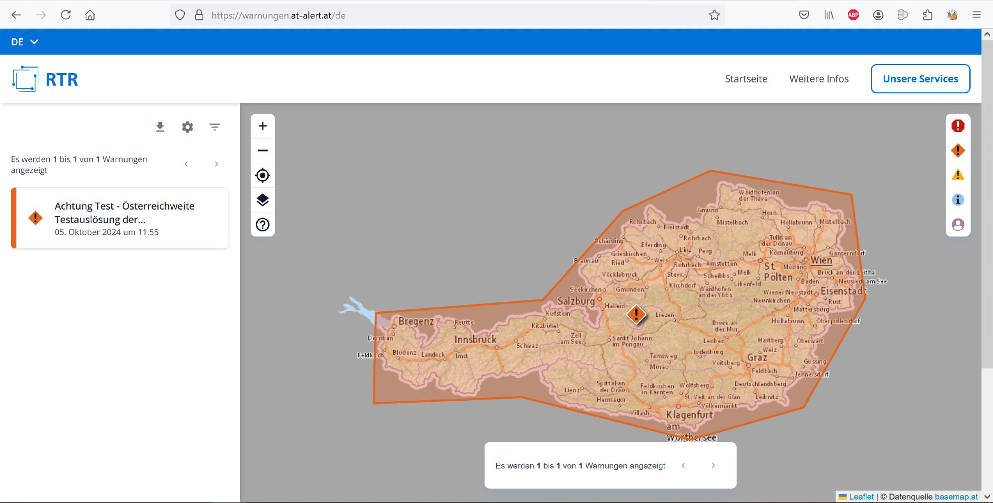 AT-Alert Übersichtskarte mit einer österreichweiten Test-Warnung