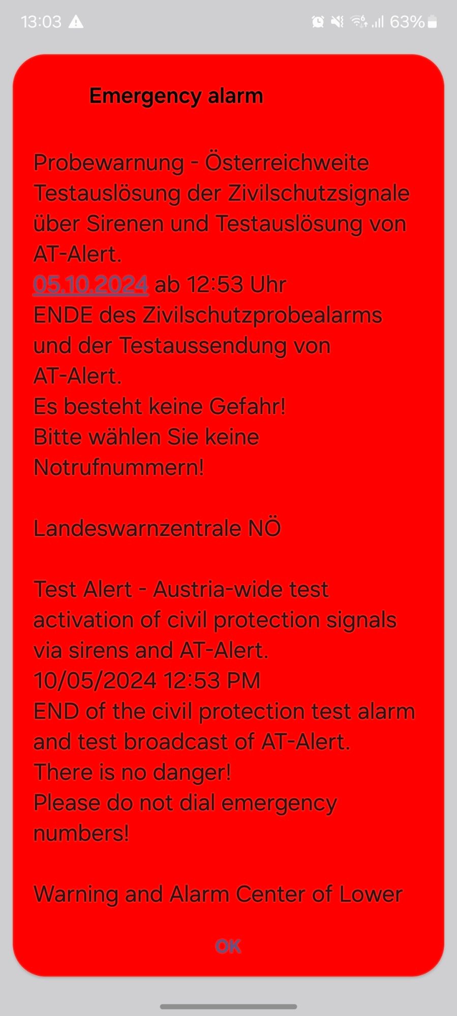 "Emergency Alarm" Test-Warnung der Landeswarnzentrale.