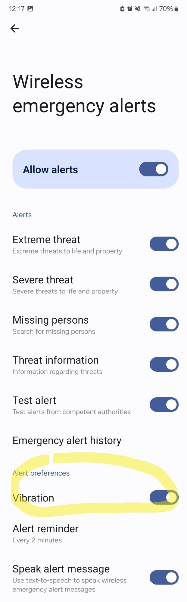 Einstellungen für "Wireless Emergency Alerts" haben eine Alert preference "Vibration"