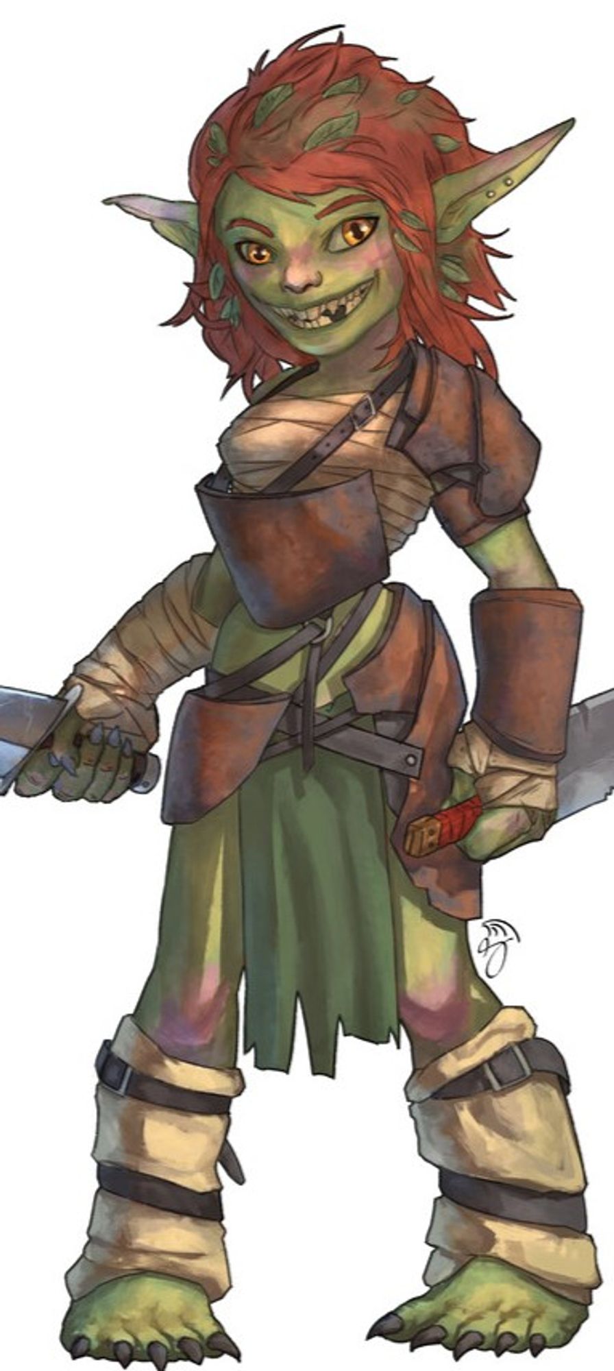 A goblin female with scrap armor and a skirt, with red hair and leaves placed in

Art by Ted Thilander, which I shamelessly stole to represent Bites Leaves:https://snakebearer.artstation.com/projects/oOPA2q