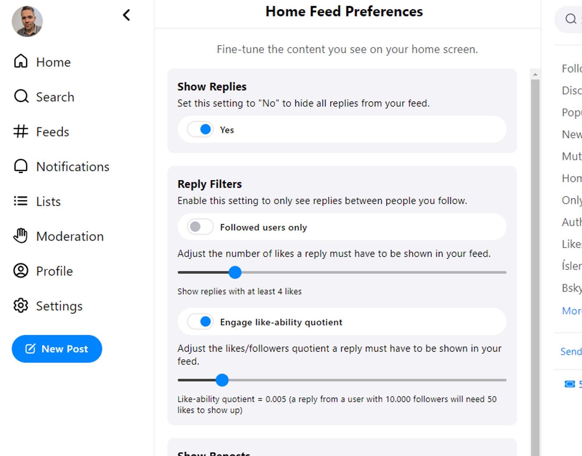 A mockup of a new replies filter setting that would only show replies where likes of the post divided by the followers of the poster exceeds a certain ratio. For example if set to 0.005 a reply from a user with 10.000 followers would need 50 likes before showing up.