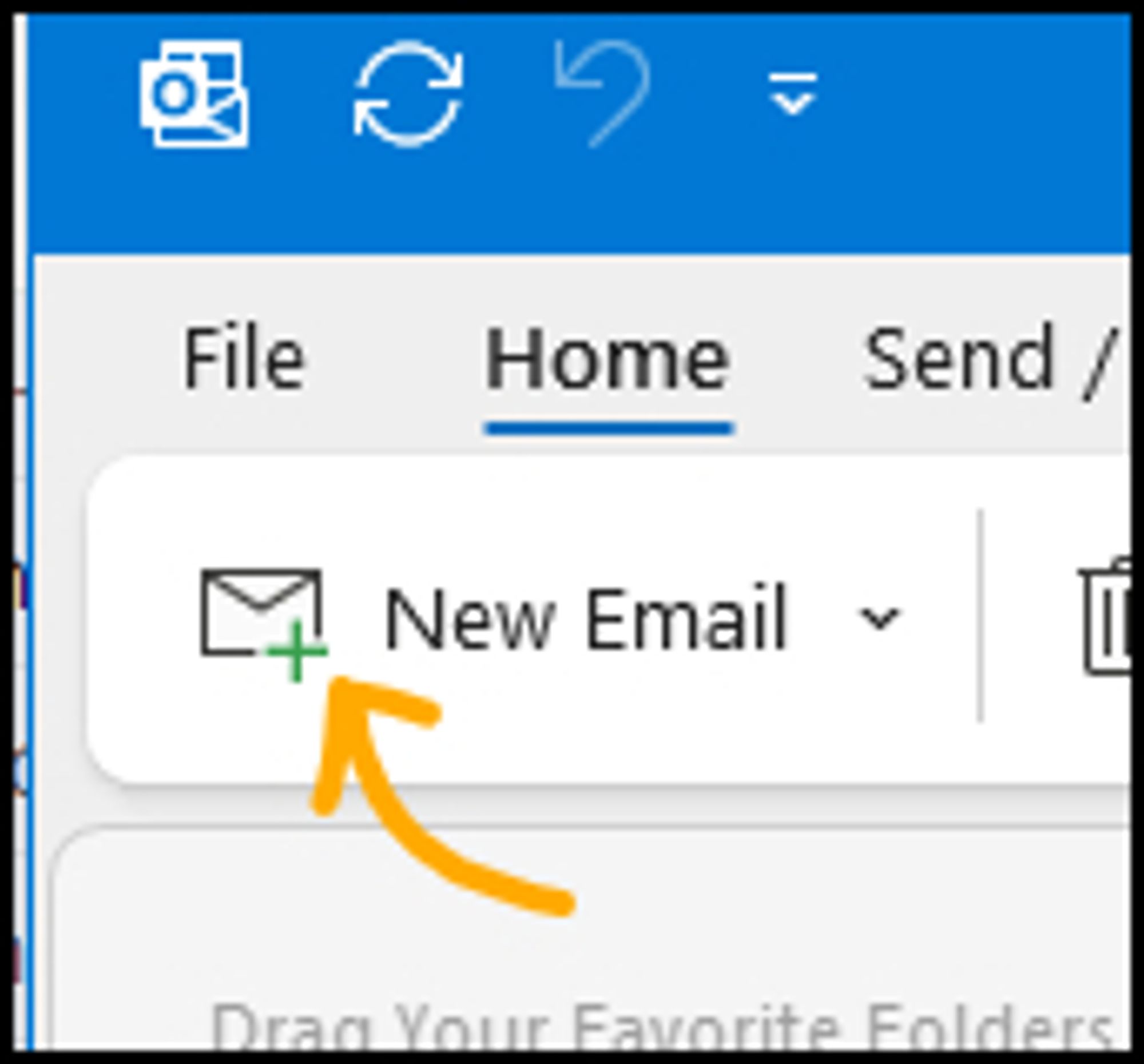 Screenshot of Microsoft Outlook showing the button for composing a new email, it has an envelope icon on it