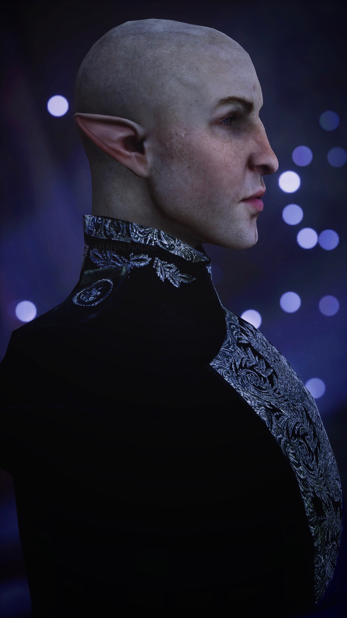 Virtual photography portrait of Solas Dragon Age in Inquisition finery at Halamshiral with a sparkly purple bokeh background