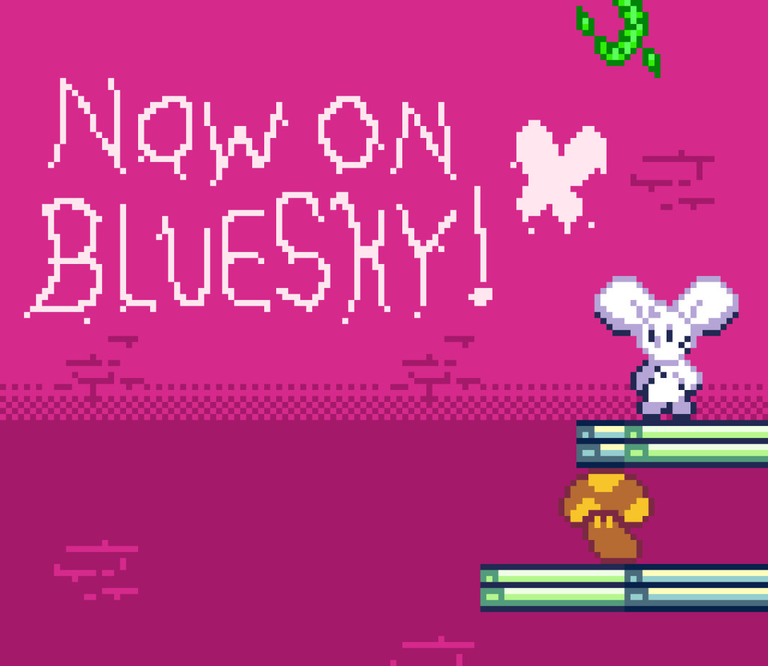 The text “NOW ON BLUESKY!” is drawn with another drawing of Bluesky’s icon to the right of it. Pictured farther to the right, from bottom to top, is a Mudcap Blushi and Chili.