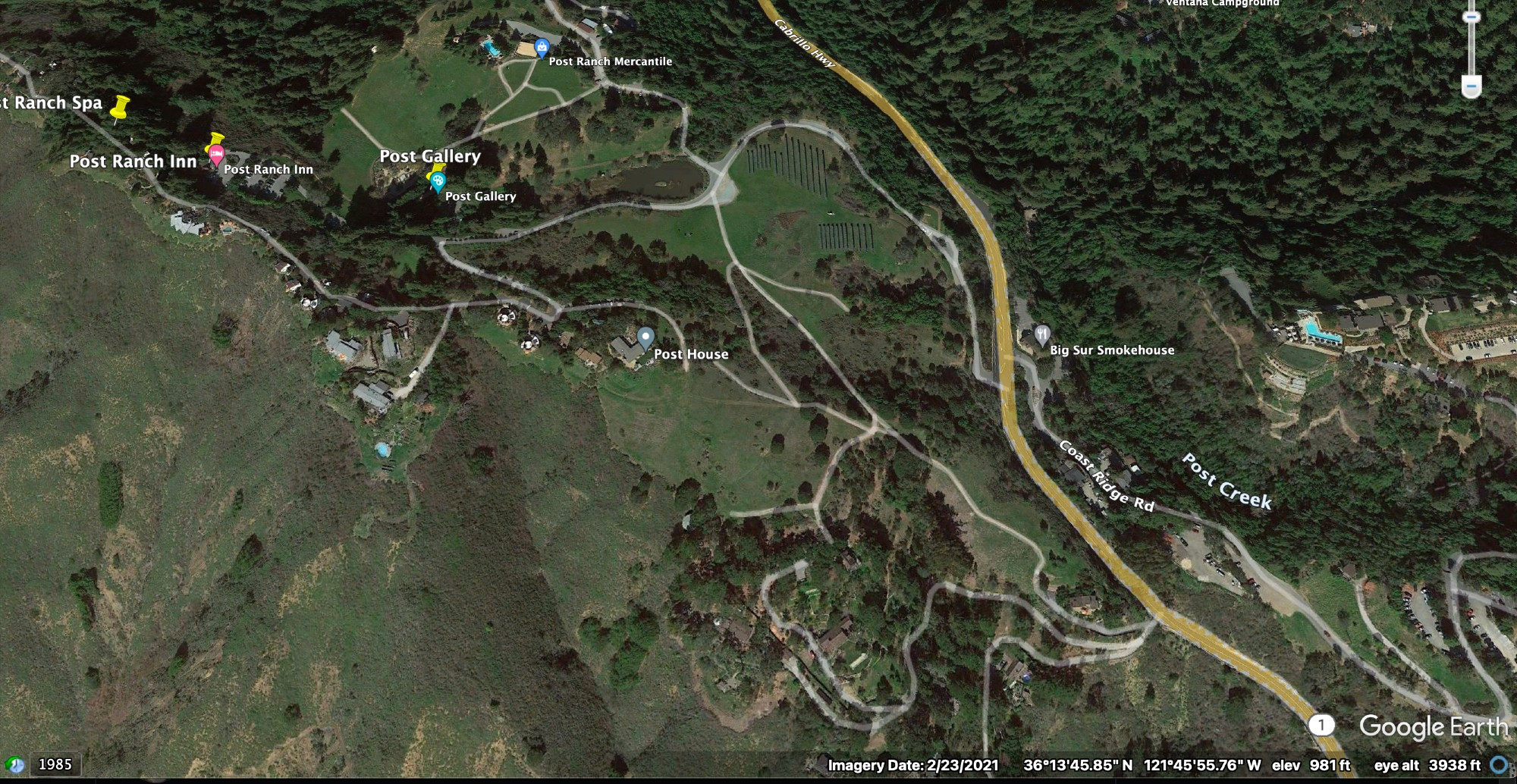 Screenshot of Google Earth showing locations of several places named "Post" on Highway 1 near Big Sur. This shows greater detail than the map in the original post. Map coordinates are approximately 36°14' N by  121°46' W