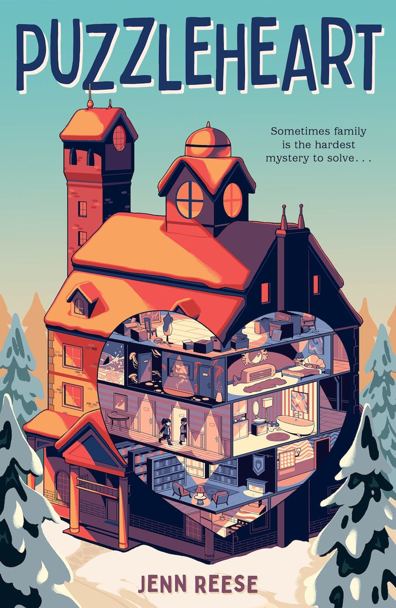 The cover of PUZZLEHEART by Jenn Reese: A large mysterious house in the woods. There is a heart-shaped cutout wherein we can see the many rooms inside the house and two kids exploring.