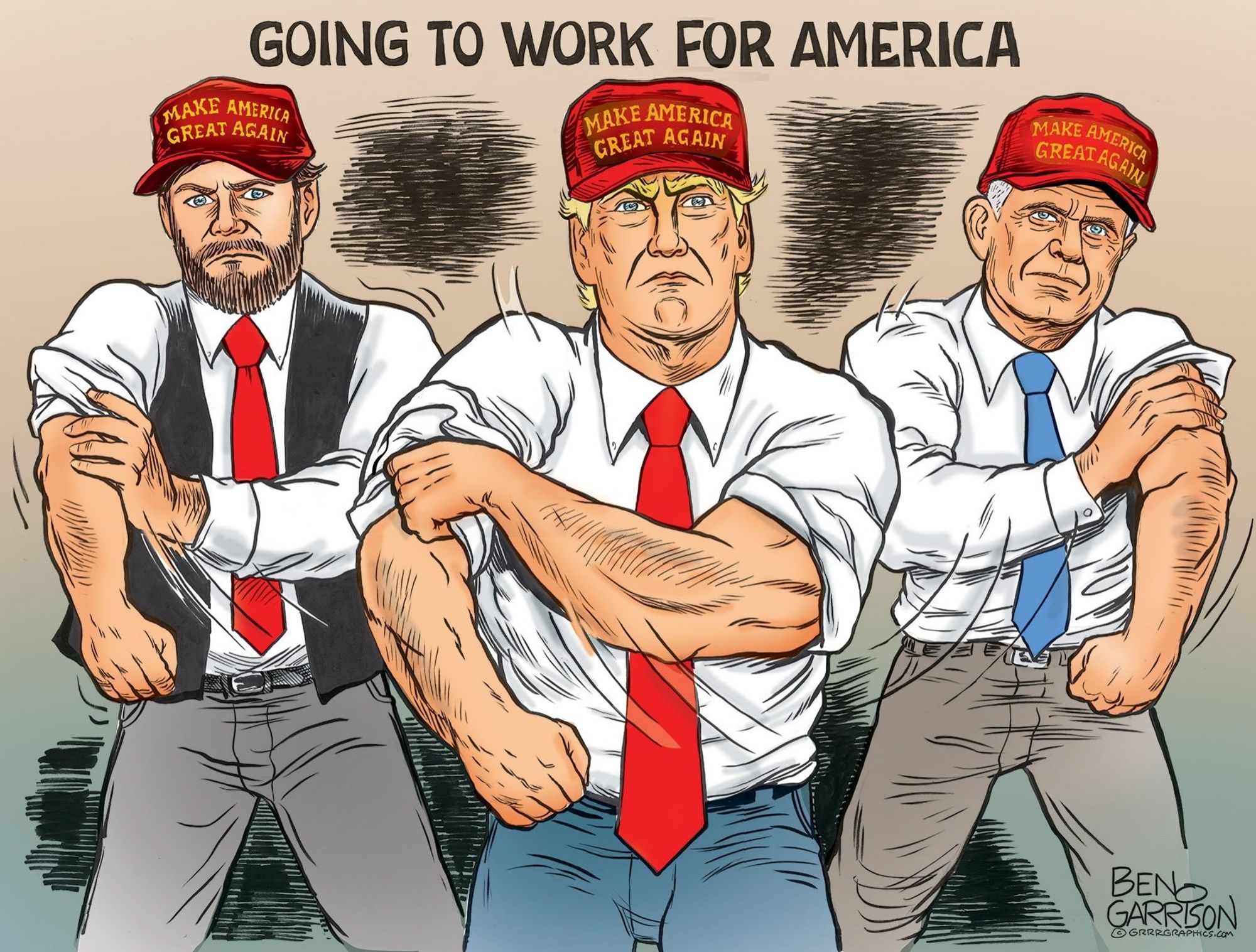 Extremely homoerotic Ben Garrison cartoon of Trump, I assume JD Vance, and RFK Jr rolling up their sleeves for some rough service on either a piece of furniture or an animal carcass, who can know.