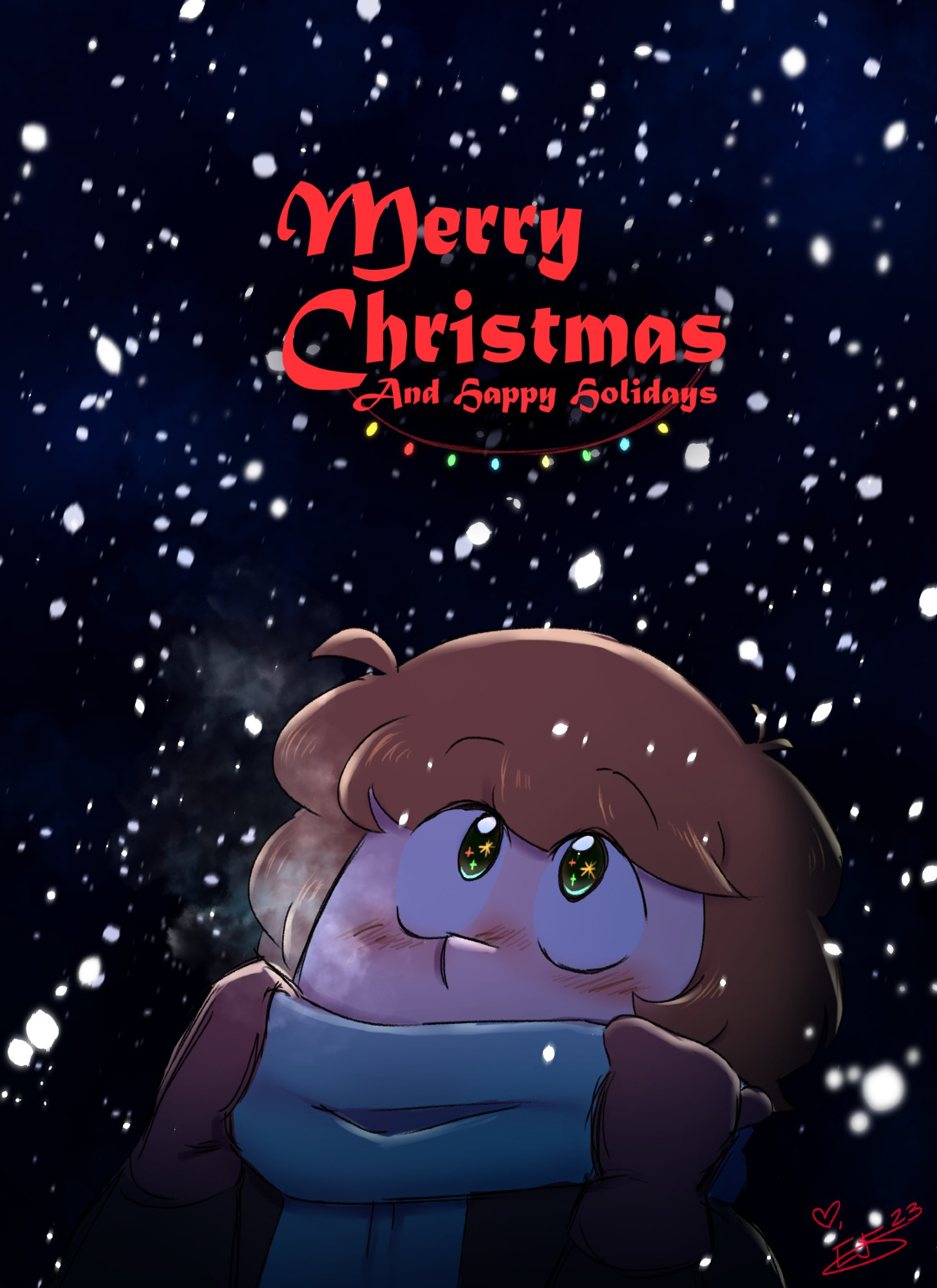 My sona in winter attire, holding onto my scarf and looking up at the snowy sky. My eyes have colorful little sparkles from the lights below the words "Merry Christmas and Happy Holidays" in a red, ribbon-like font.