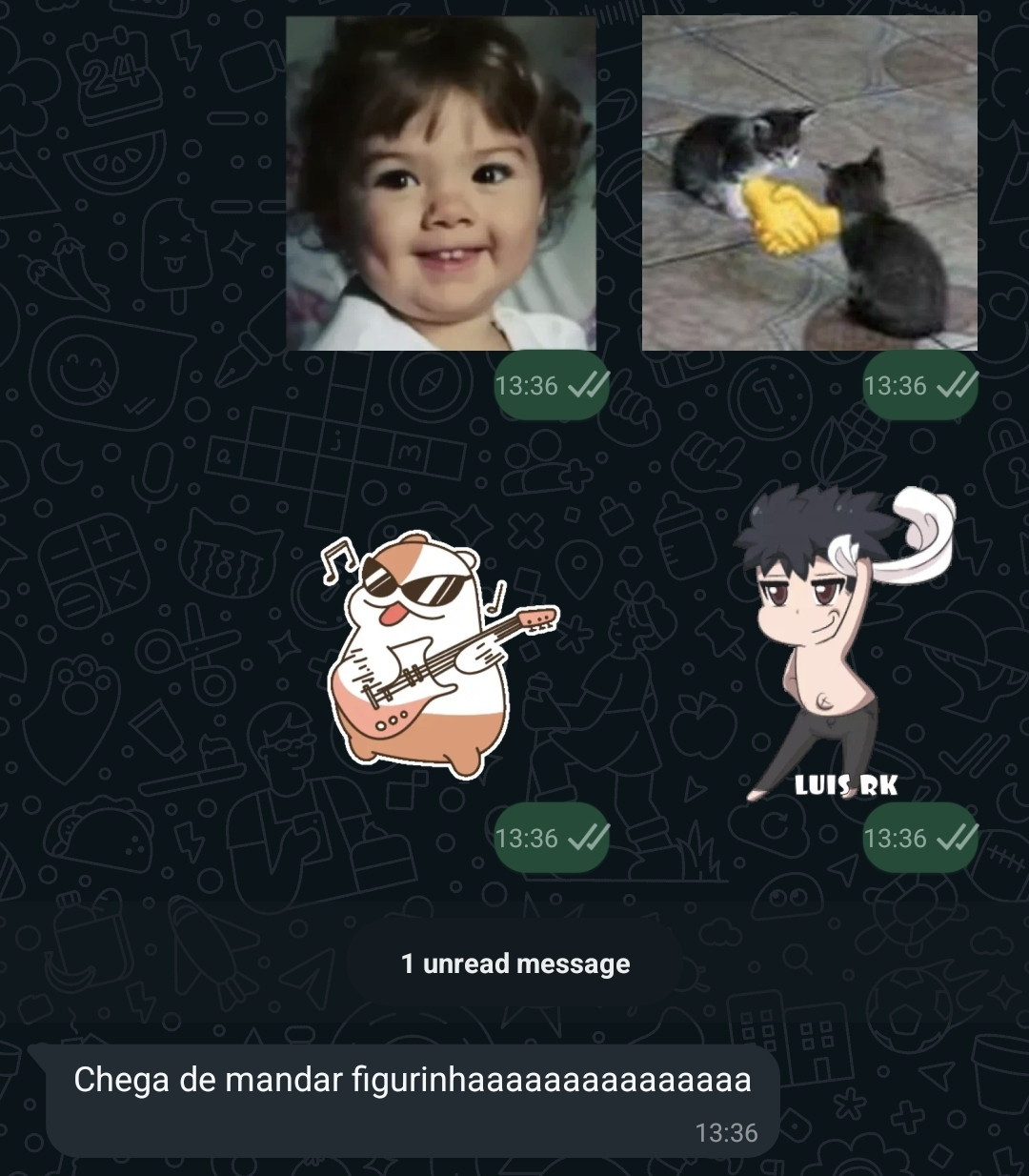 print de conversa "chega de mandar figurinhaaaaaa" depois de eu enviar uma bomba de stickers