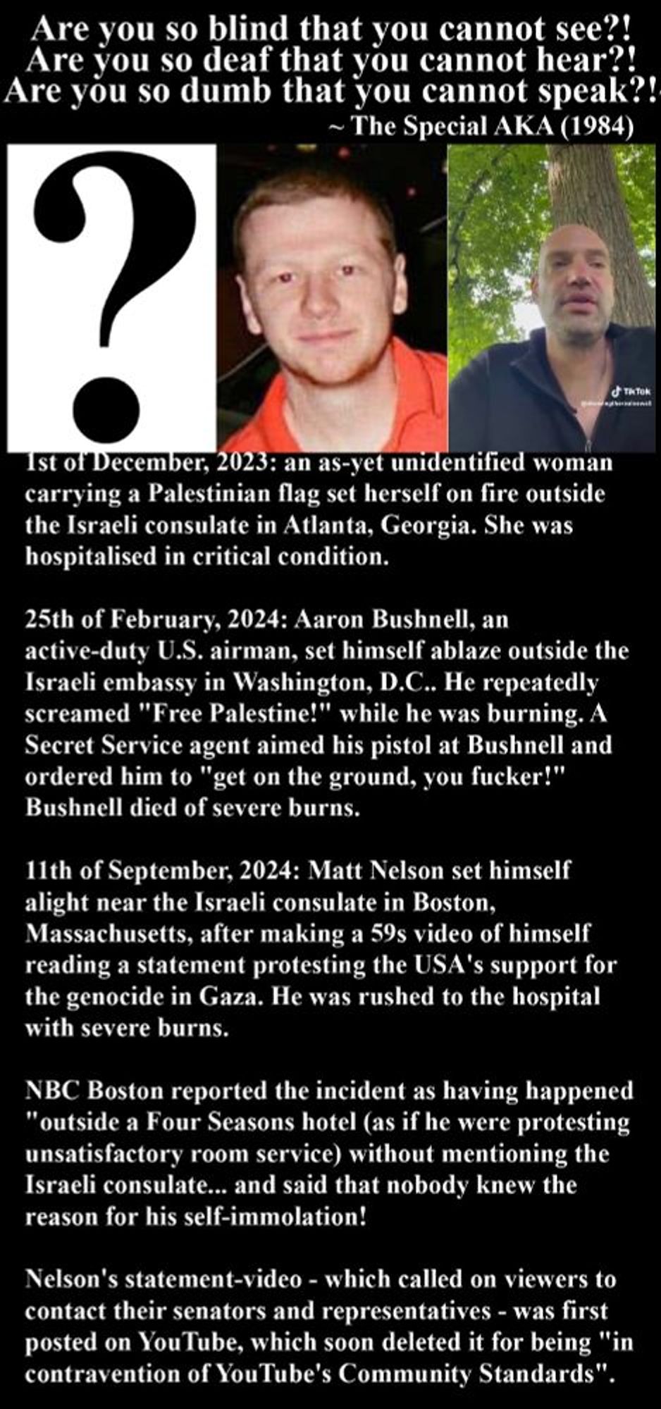 Too long to fit in this space, it's a tribute to 3 Americans - an unidentified woman, Aaron Bushnell, and Matt Nelson - who (on separate occasions) set themselves on fire to protest the genocide in Gaza. Bushnell and Nelson died of severe burns.

MSM has downplayed these stories.