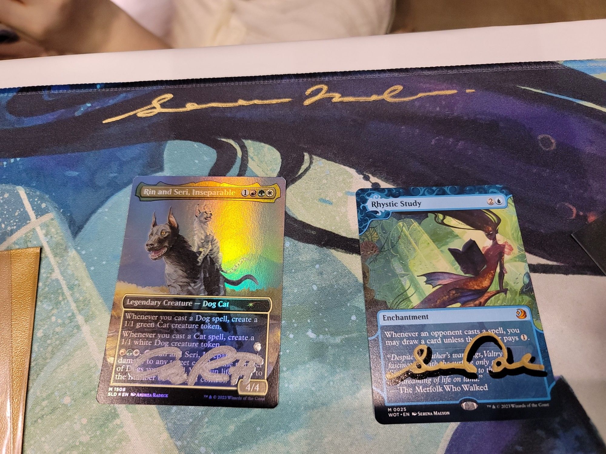 Rhystic Study and Rin and Seri, Inseparable signed by the artists, plus a signed Rhystic Study playmat