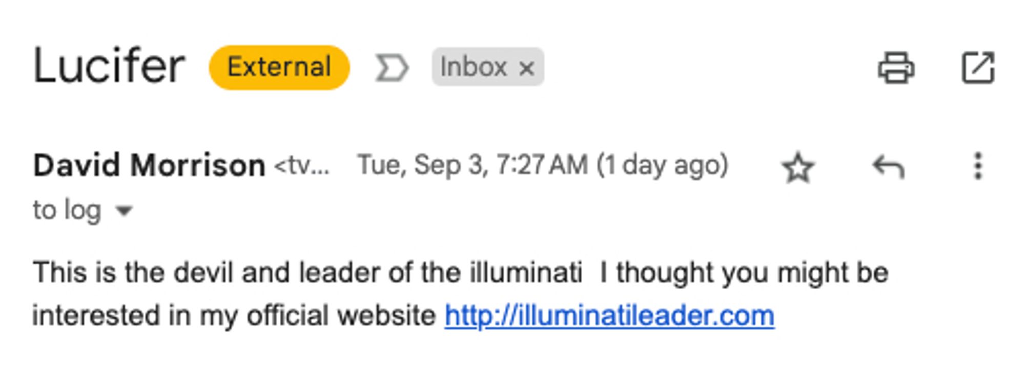 Gmail screenshot with the subject "Lucifer" from David Morrison. "This is the devil and leader of the illuminati  I thought you might be interested in my official website illuminatileader.com"