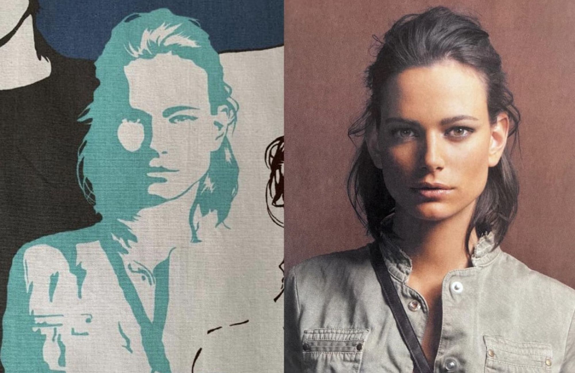 side by side of a two-tone drawing of a model and, supposedly, the source photo