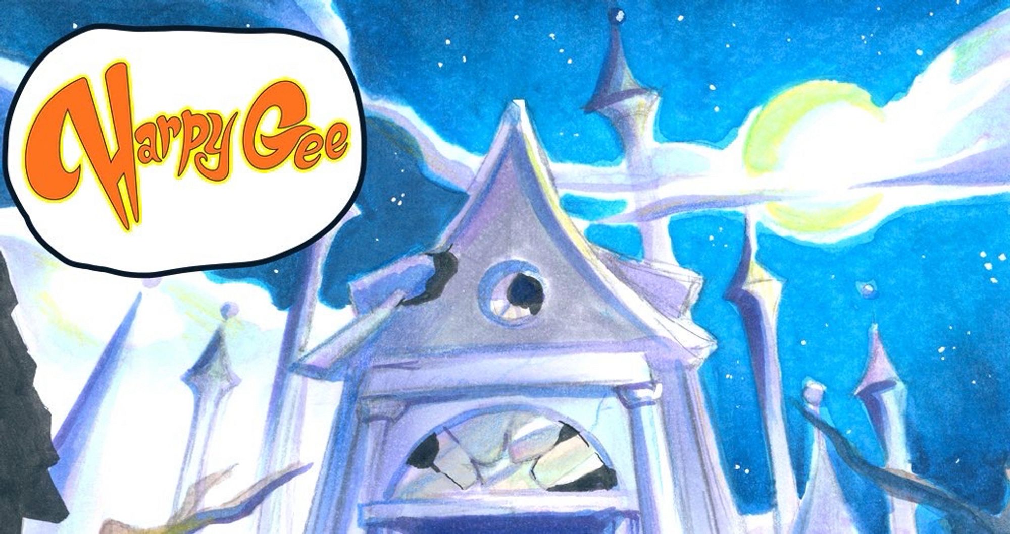 A spooky castle w clouds and a moon in the sky 
#harpygee #harpyupdate #harpyart #webcomics #hiveworks #copicmarker