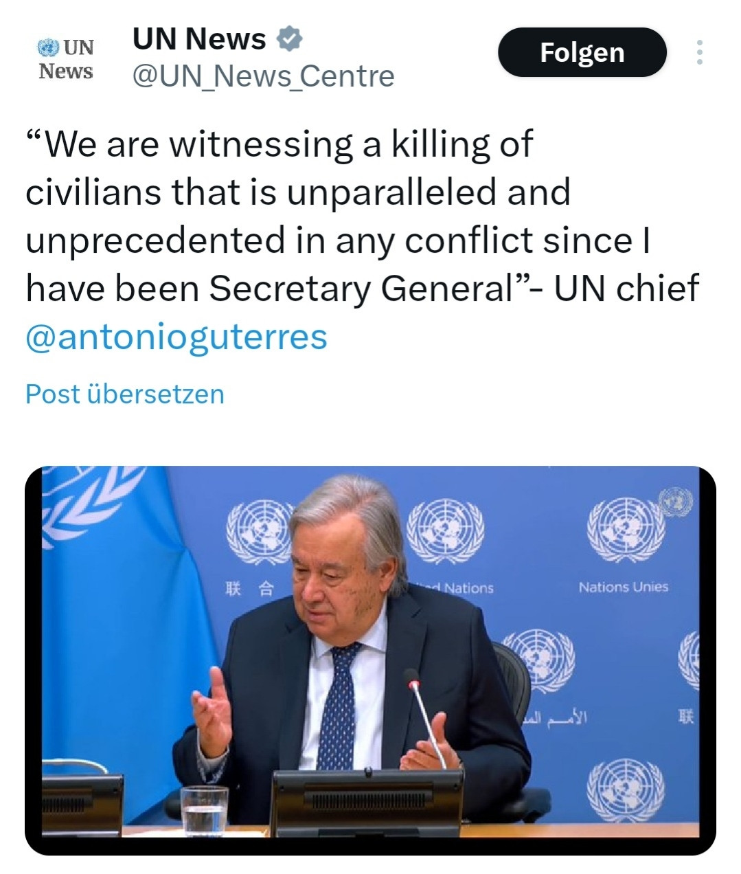 Foto eines Tweets zu Aussage von UN-GS Guterres.