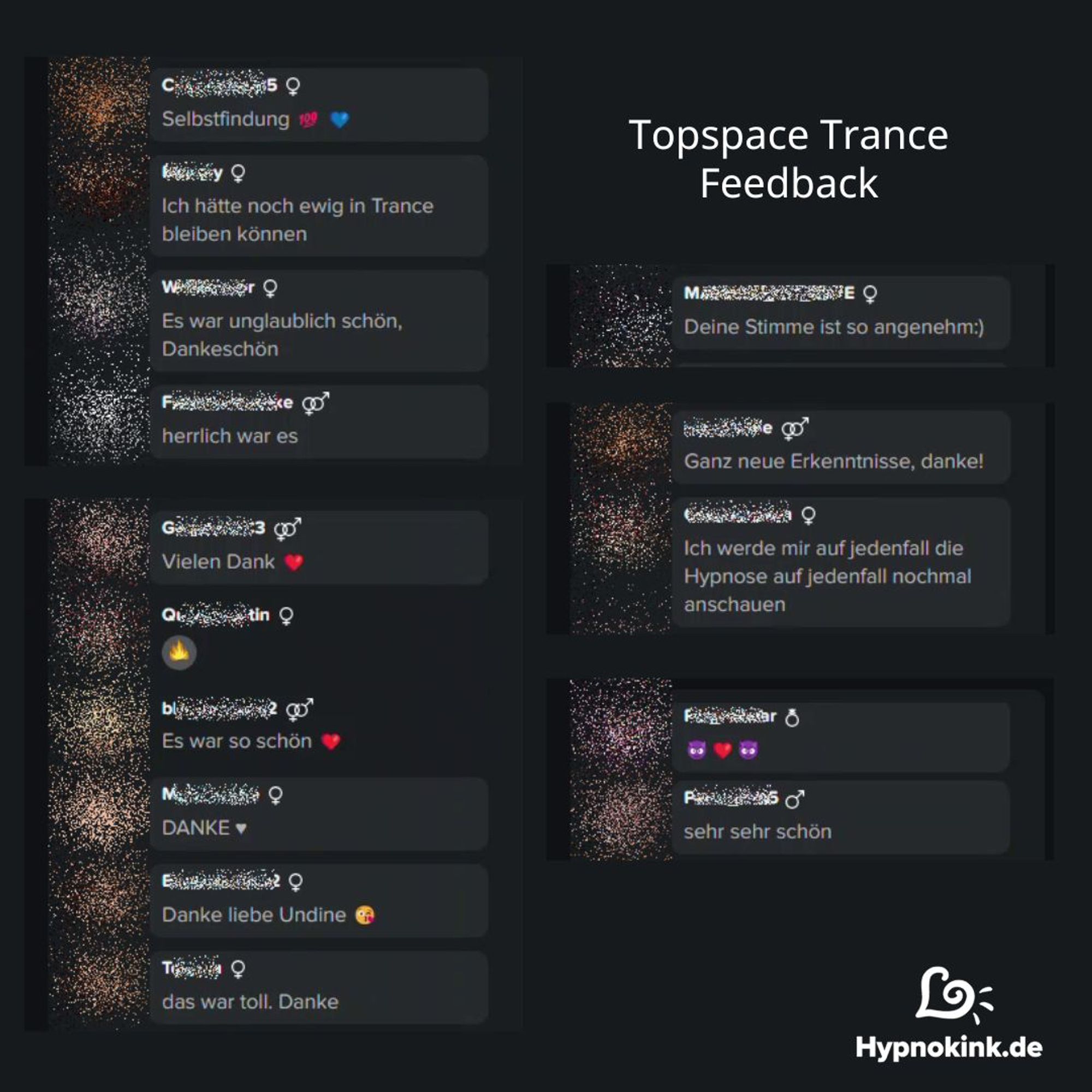 Screenshots von sehr positiven Kommentaren im Joyclub chat mit Titel "Topspace Trance Feedback"