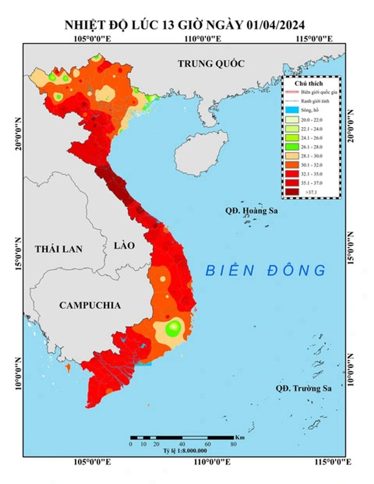 Map of Vietnam denoting temperatures across the country