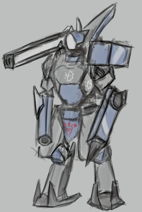 Grey and blue mech with a linear impactor and pulsar on her arms, missile pod and beam lance on her shoulders