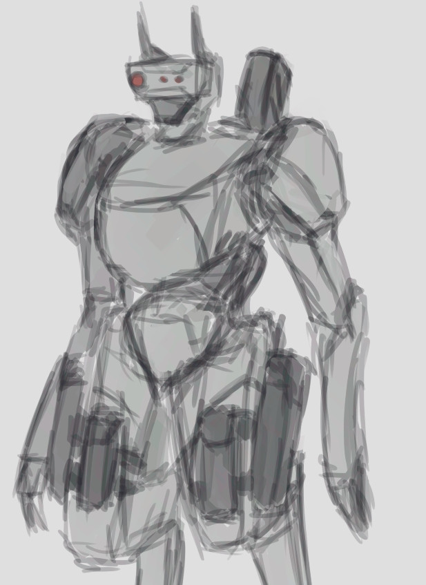 Neuromechanical infantry. Grey, lanky, humanoid-ish combat robot with a wide rectangle for a head, and two vertical antennas.