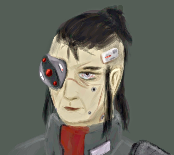 Digital painting, portrait of a woman with a cybernetic eyepiece, dark hair held in a high ponytail, shaved sides bearing cybernetic implants, and a high-collared black and red coat