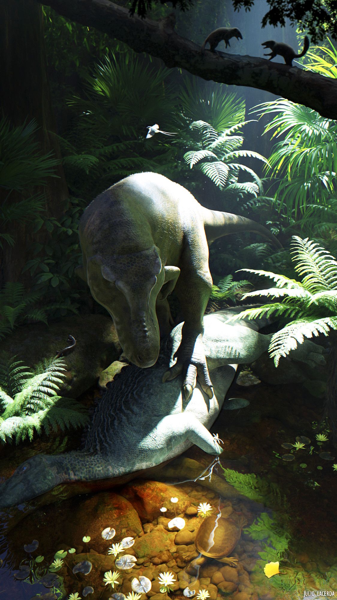 A Tyrannosaurus finds the recently deceased body of an Edmontosaurus slumped into a creek in the forest. Around them are a softshell turtle, a salamander, a dragonfly, an enantiornithine bird and two small arboreal mammals fighting each other.