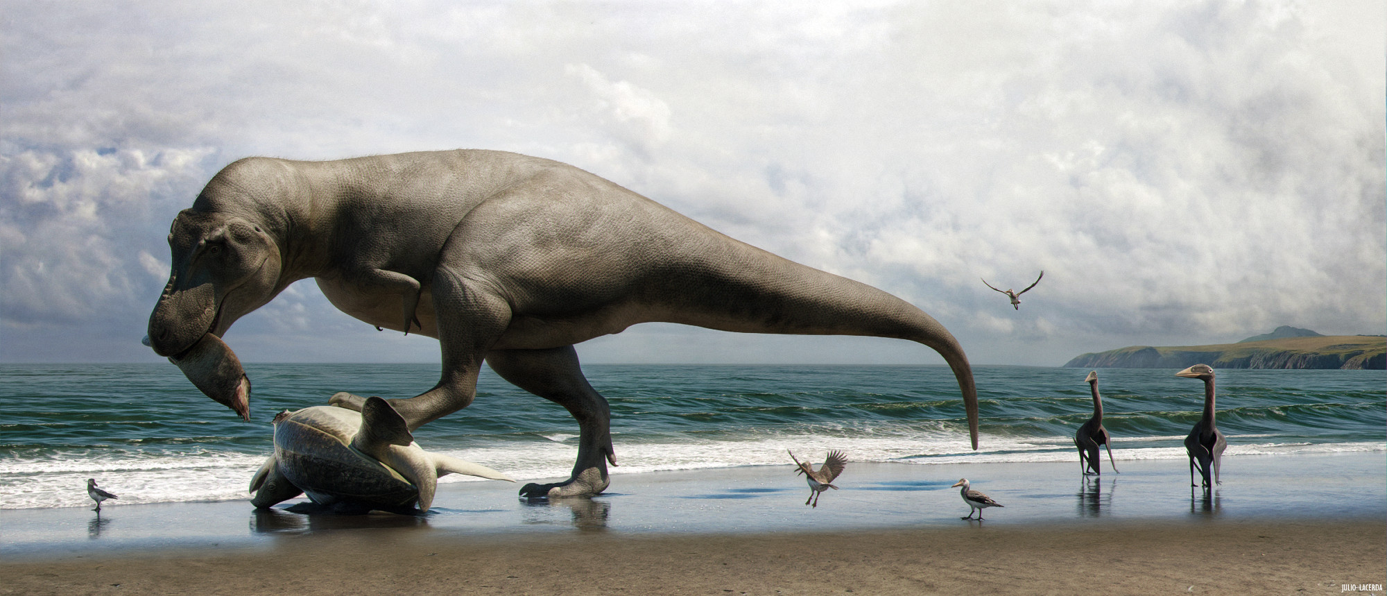 A Tyrannosaurus tears off the flipper of a beached sea turtle on a beach, with the ocean in the background. Some birds and a couple of pterosaurs stand around warily.