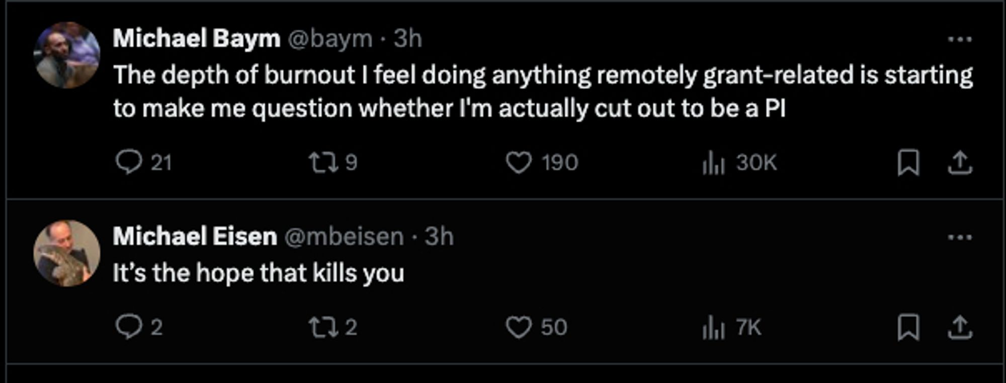 A tweet from Michael Baym saying: "The depth of burnout I feel doing anything remotely grant-related is starting to make me question whether I'm actually cut out to be a PI" Followed by a tweet by Michael Eisen saying "It's the hope that kills you"