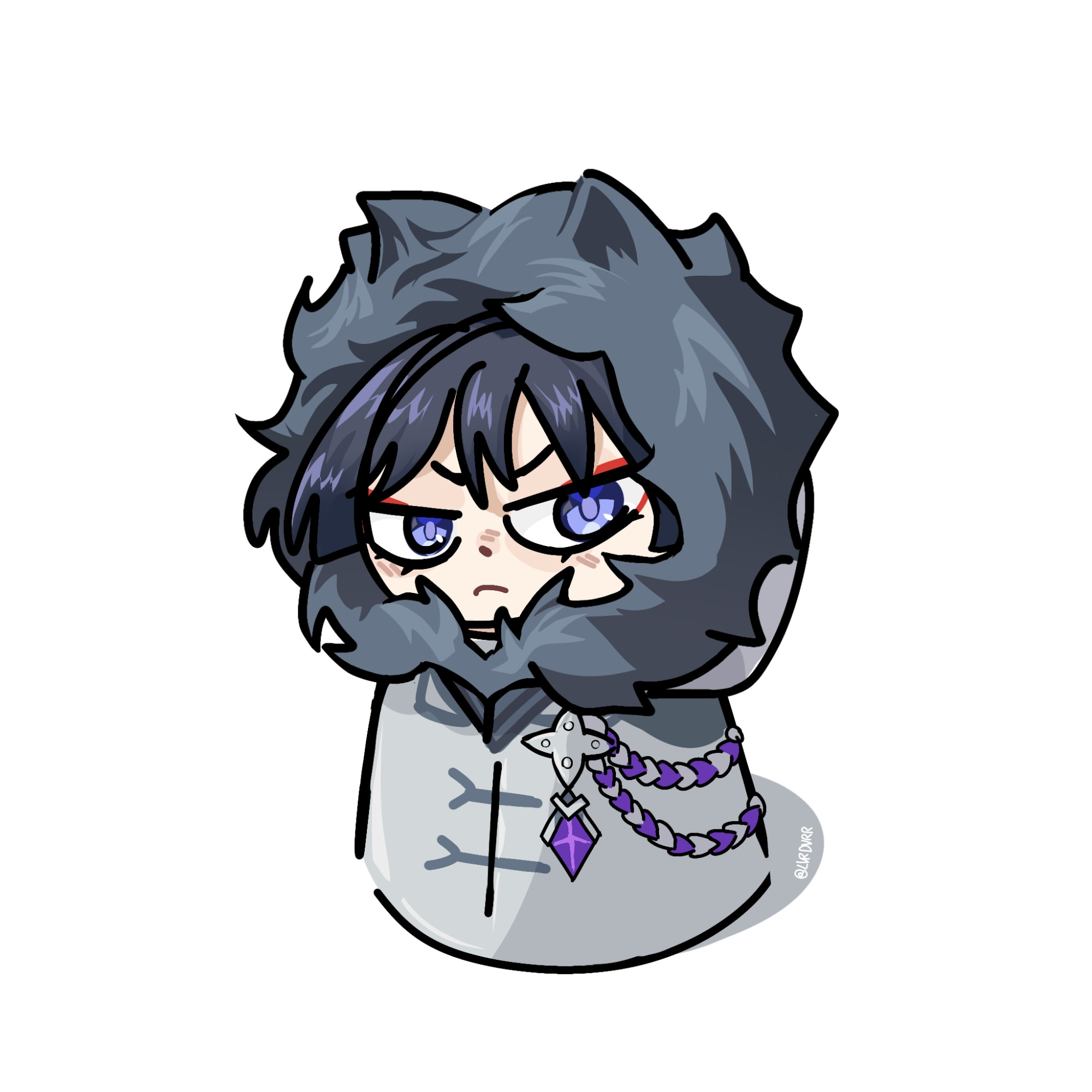 Scaramouche from Genshin Impact as a small chibi. He's wearing a fatui coat and it looking angrily looking at the viewer. 