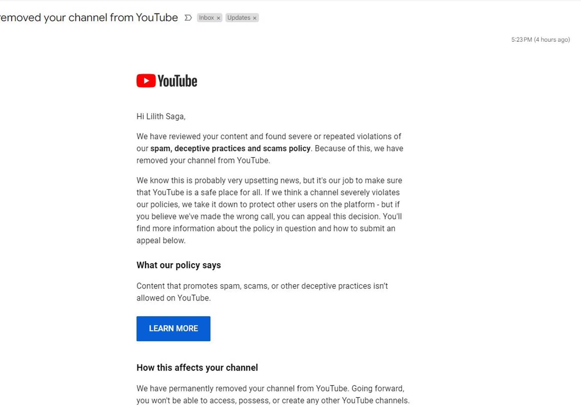 YouTube Email: Hi Lilith Saga, We have reviewed your content and found severe or repeated violations of our spam, deceptive practices and scams policy. Because of this, we have removed your channel from YouTube... Content that promotes spam, scams, or other deceptive practices isn’t allowed on YouTube.