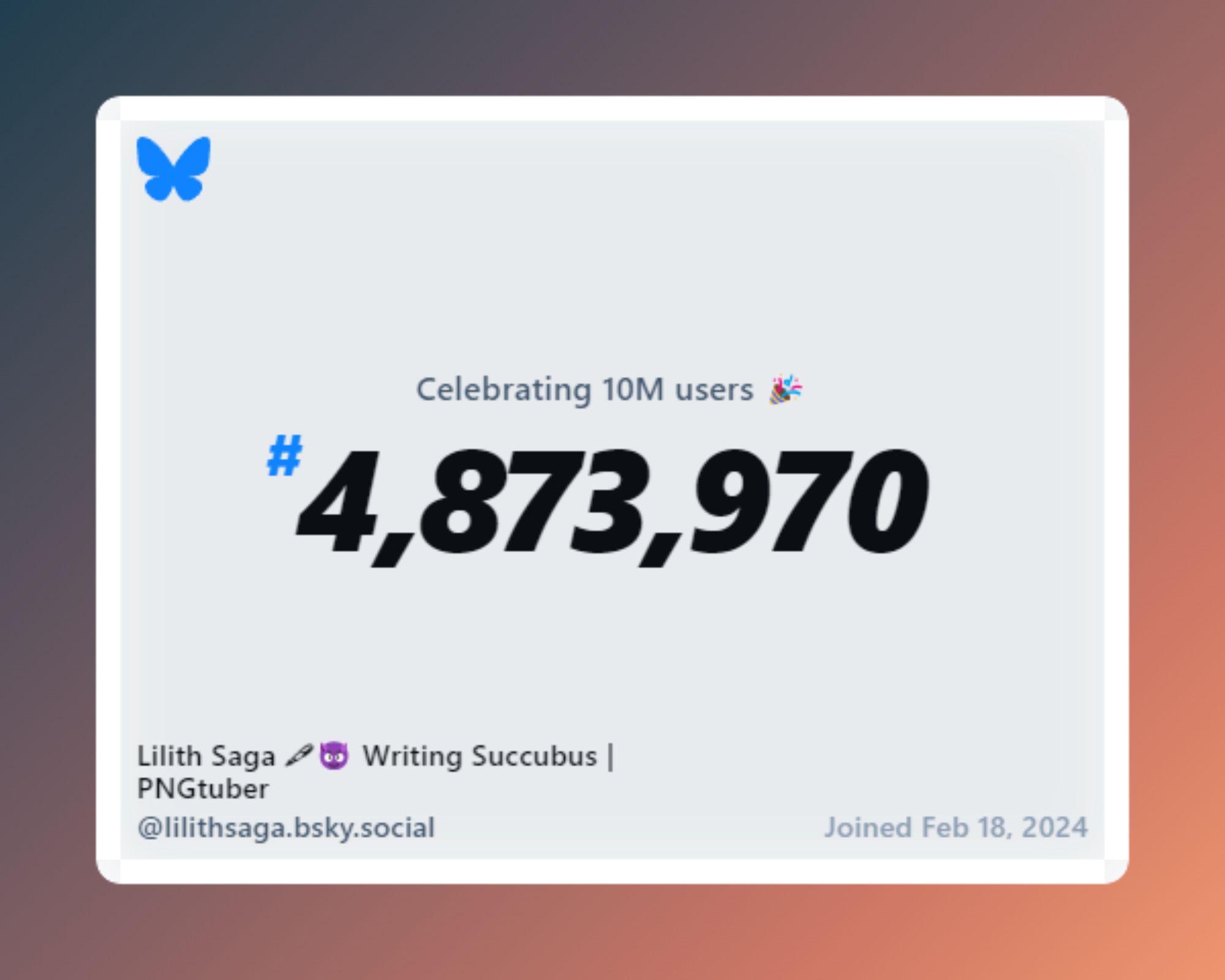 Celebrating 10M users! Lilith Saga is user #4,873,970 and joined Bluesky on February 18, 2024.