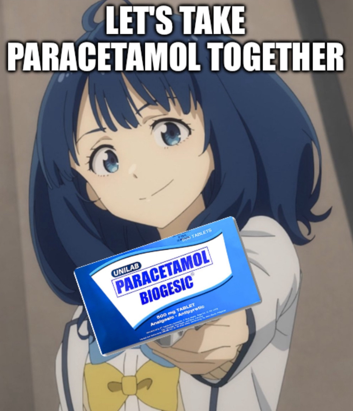 Anna Yanami holding a box of paracetamol. The caption says "Let's take paracetamol together"