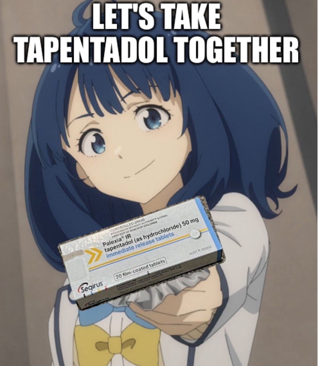 Anna Yanami holding a box of tapentadol. The caption says "Let's take tapentadol together"