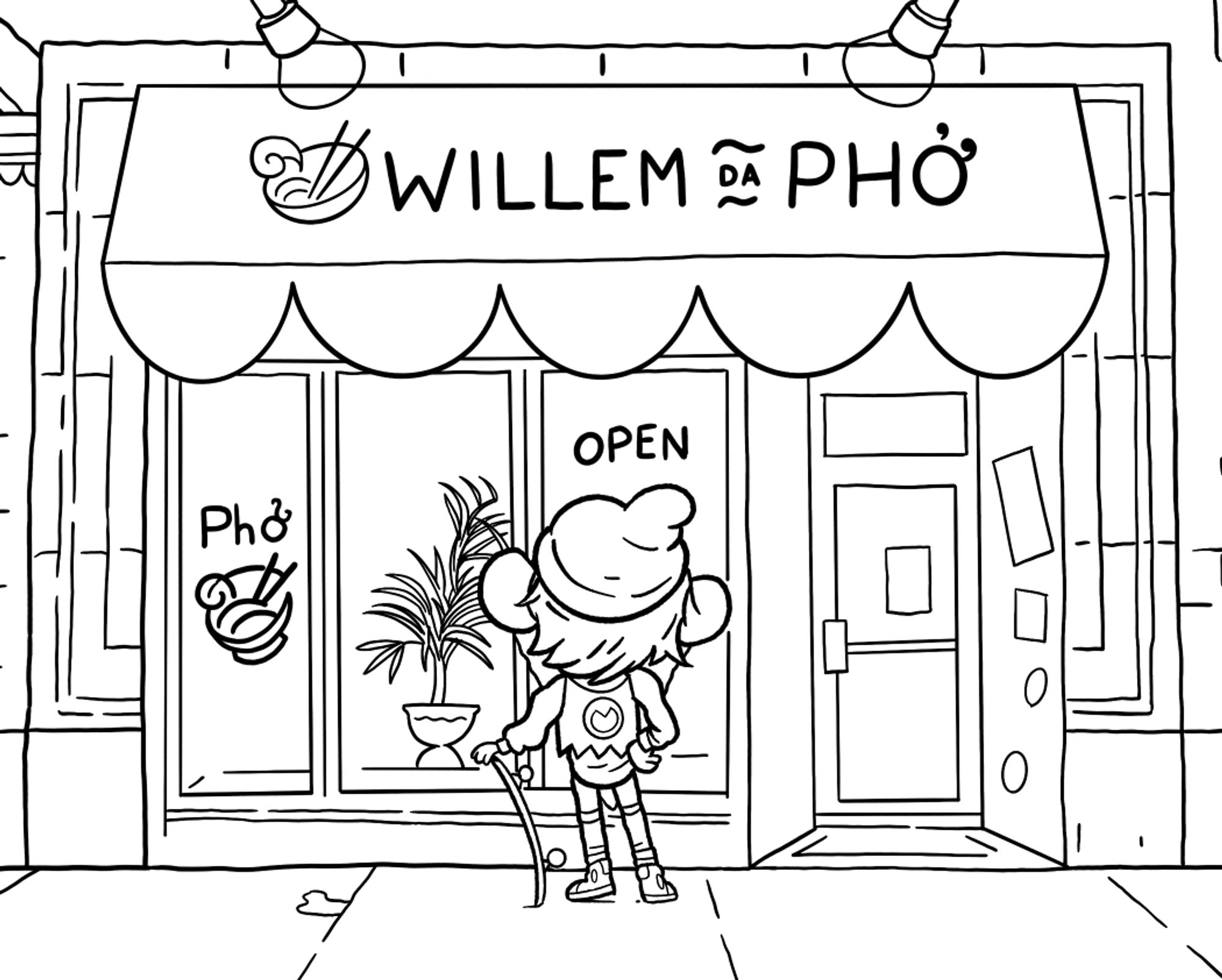 A drawing of PIZZA-BEARD (a guy with a pizza for a beard) stands in front of the his favorite Pho restaurant cleverly (or annoyingly) named "Willem da Pho". Get it?
This restaurant looks exactly like Max's favorite Pho spot in Chicago.