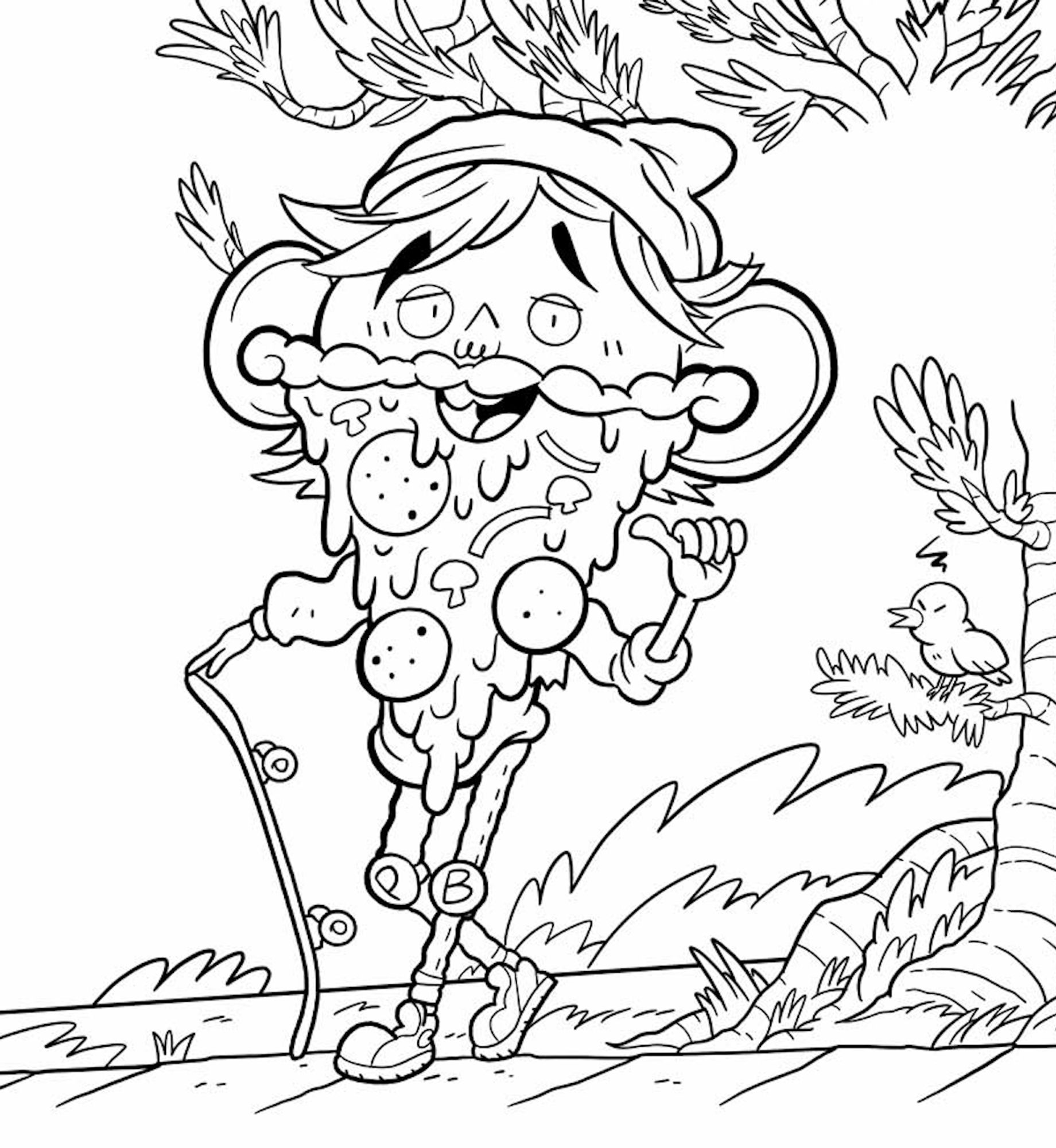 A black and white drawing of PIZZA-BEARD: a young fella with a beard made of pizza. That's right: Pizza. He's chill and holding his skateboard. A nearby bird perched on a branch scowls at him for some reason.