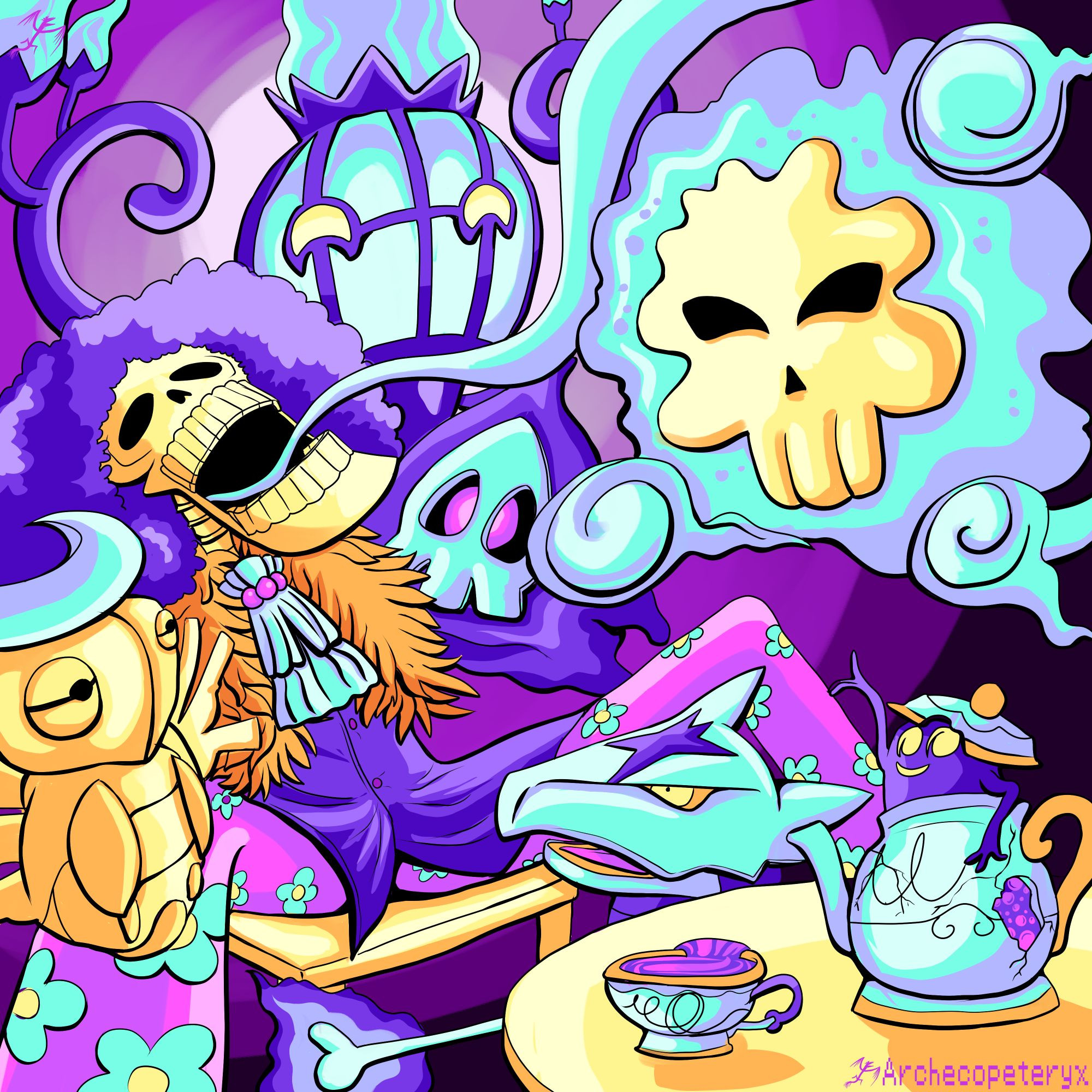 An Artwork of Brook from OnePiece with an assortment of Ghost Pokemon to Accompany him. His six pokemon of Choice are Alolan-Marowak, Polteageist, Chandelure, Shedinja, Duskull, Fatalitee.

Brook is sitting with his mouth open and his Soul lurking out of his body to accompany his ghostly fellas