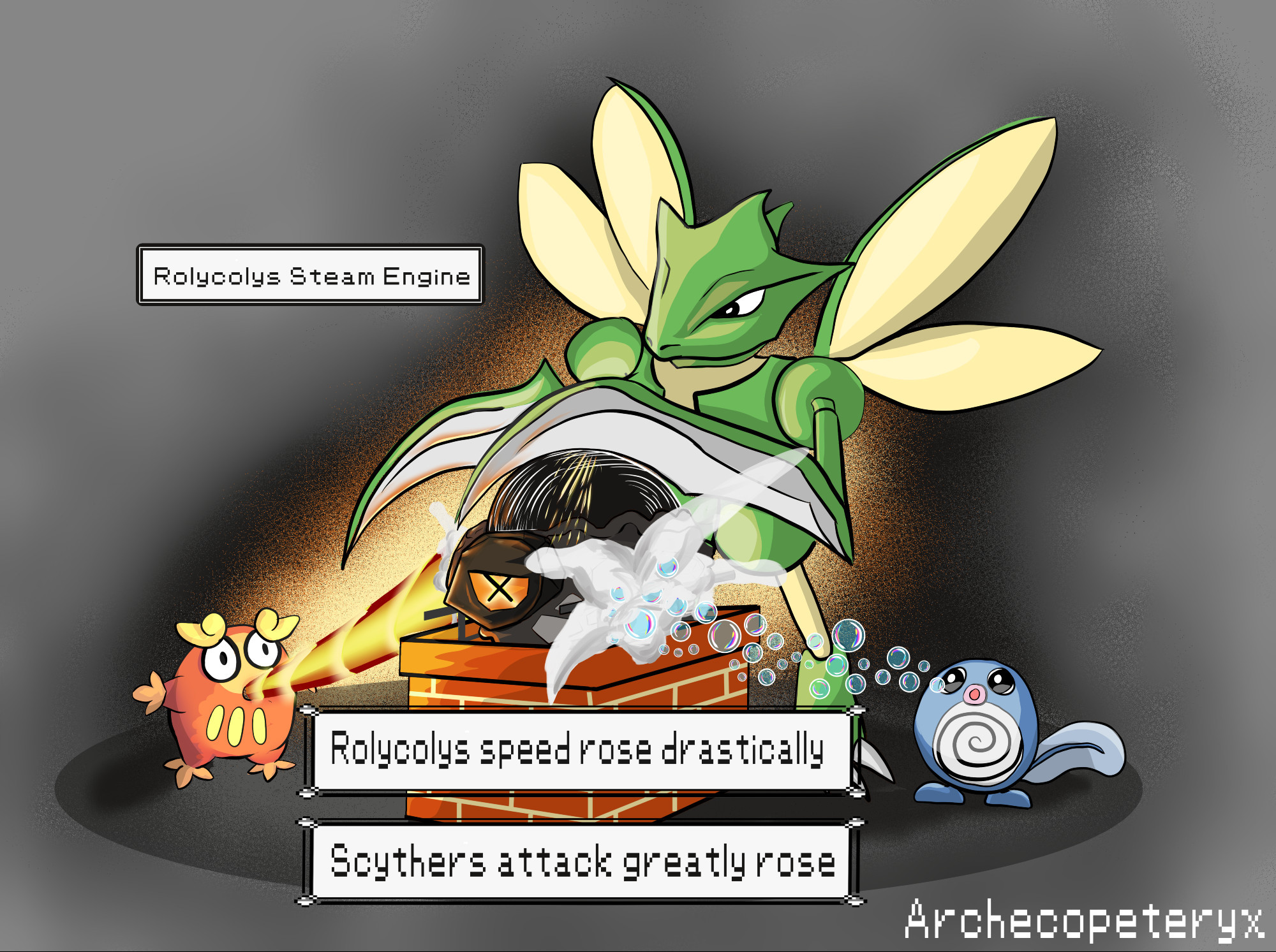 The picture shows a Scyther from Pokemon sharpening its claws on an upside-down rolycoly whose abilitiy (Steam Engine) is triggered by two little baby pokemon beeing Poliwag and darumaka using a bubble beam and a little flamethrower respectively. Background is just a gray tone.