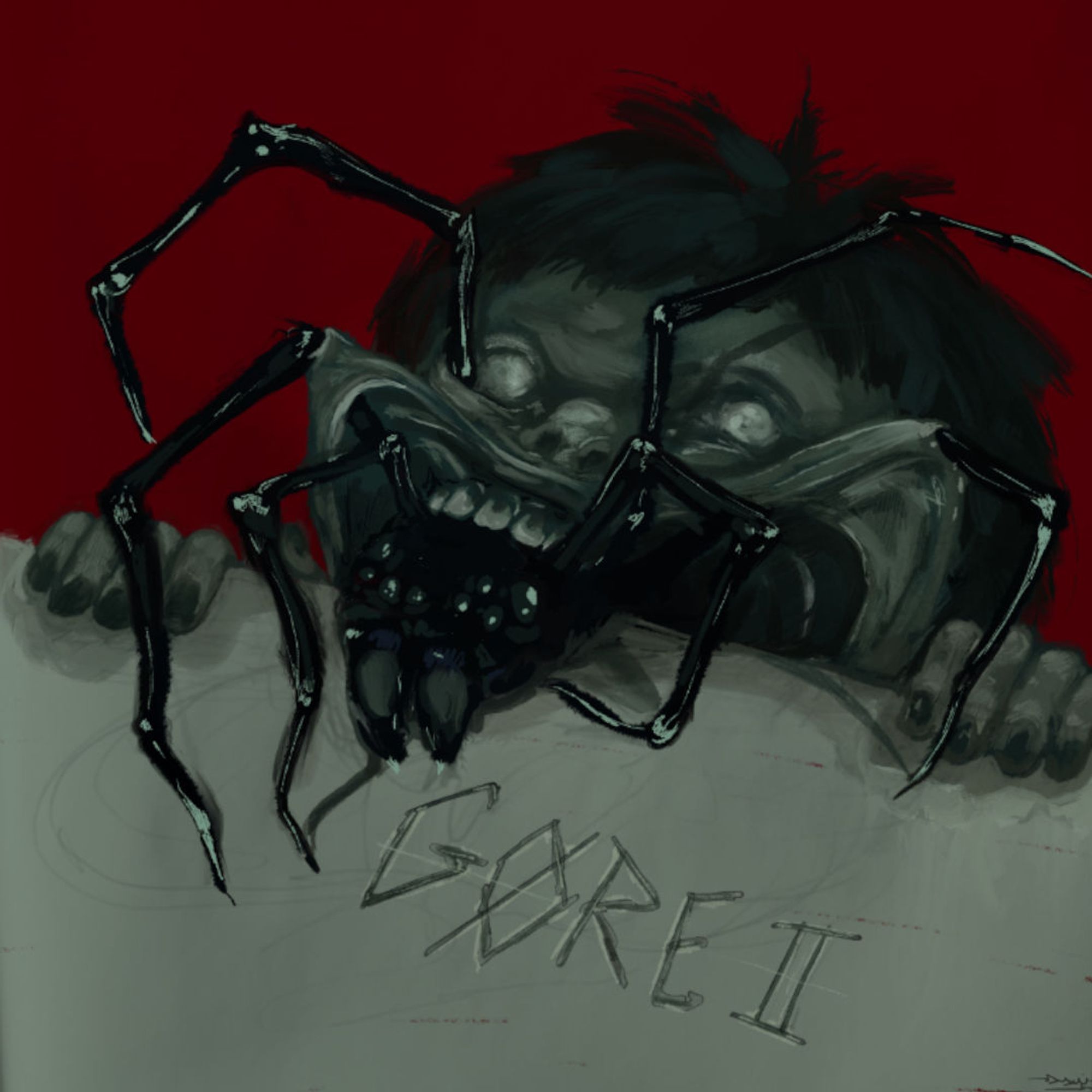 Cover of Gore issue 2. Illustrated image of the face of a person with short dark hair who is peering over the edge of a table, their hands clutching the table. Out of their mouth protrudes a giant, glossy spider, legs breaking through their cheeks and eye sockets, pulling the smile into a grin. On the table is carved gore II.